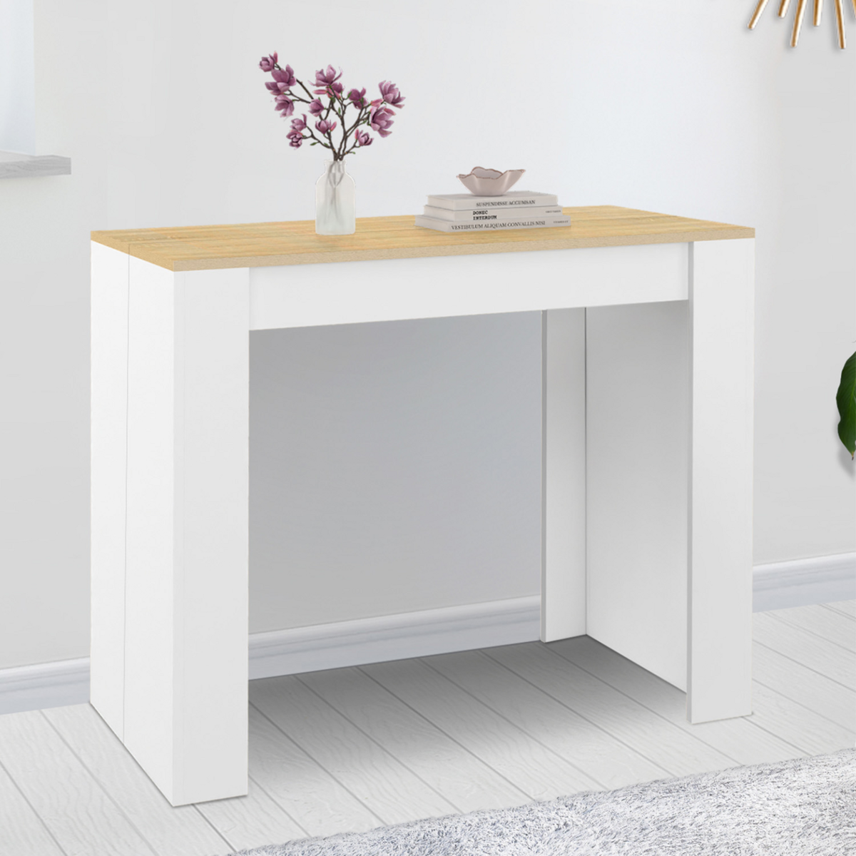 ID MARKET Table console extensible ORLANDO 6 personnes 140 cm bois blanc et façon hêtre