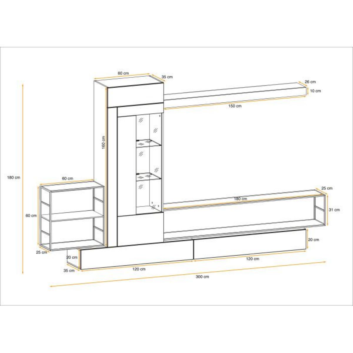 Paris Prix Ensemble Meuble TV  Rebel  300cm Gris & Noir