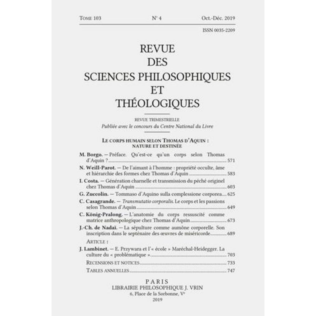 REVUE DES SCIENCES PHILOSOPHIQUES ET THEOLOGIQUES N° 4/2019 , Vrin