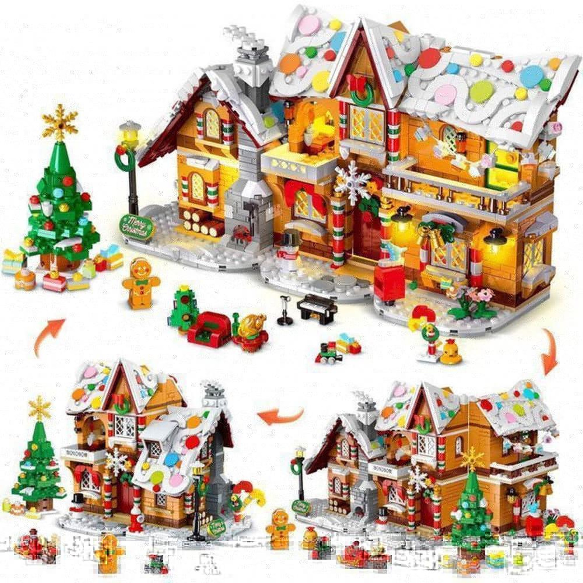Maison de Noël en briques avec éclairage LED 1421 pièces, 3 modèles, thème pain d'épice, accessoires festifs, à monter soi-même, dès 8 ans