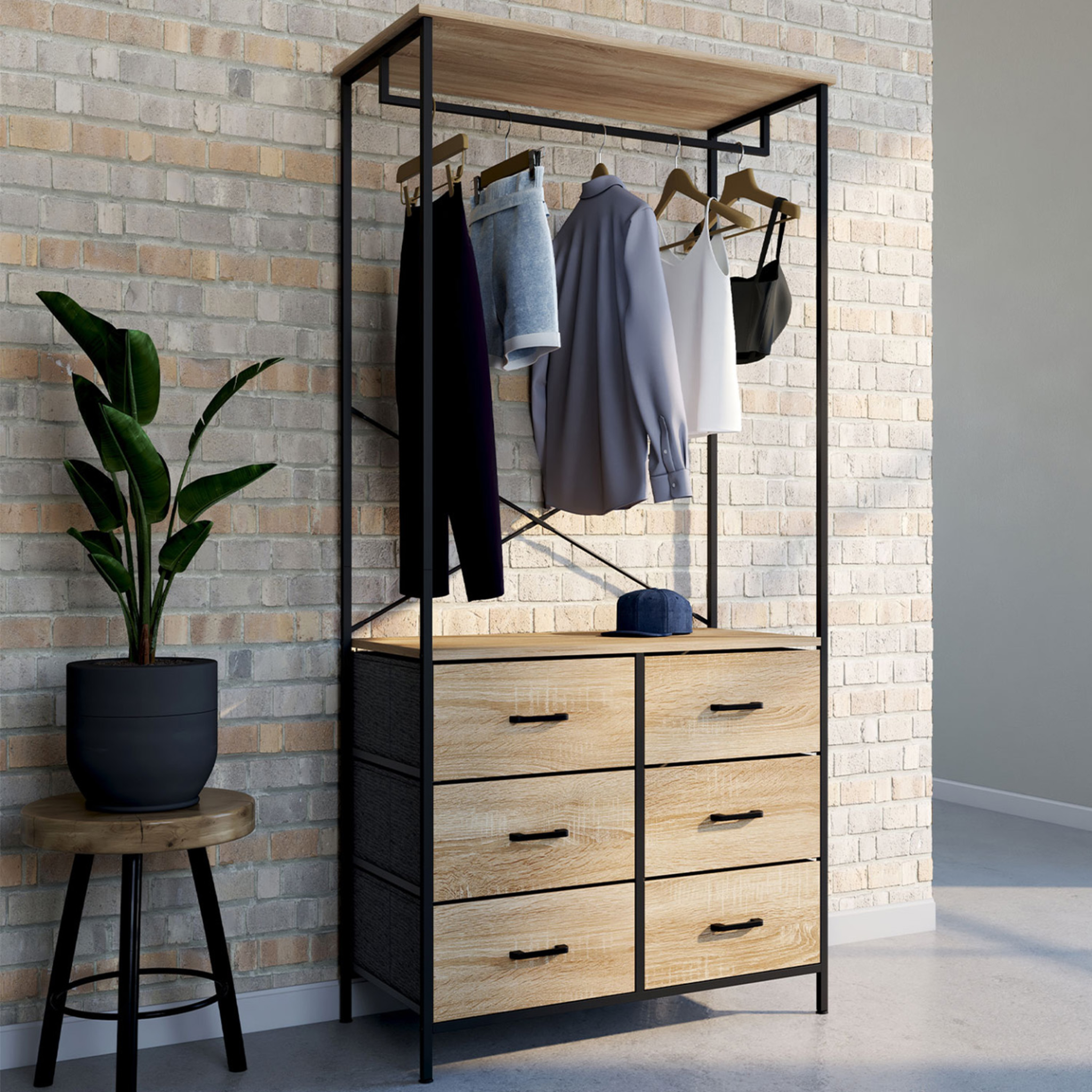 Voir la diapositive 2 : ID MARKET Dressing penderie l. 80 cm utah avec 6 bacs en tissu bois et noir