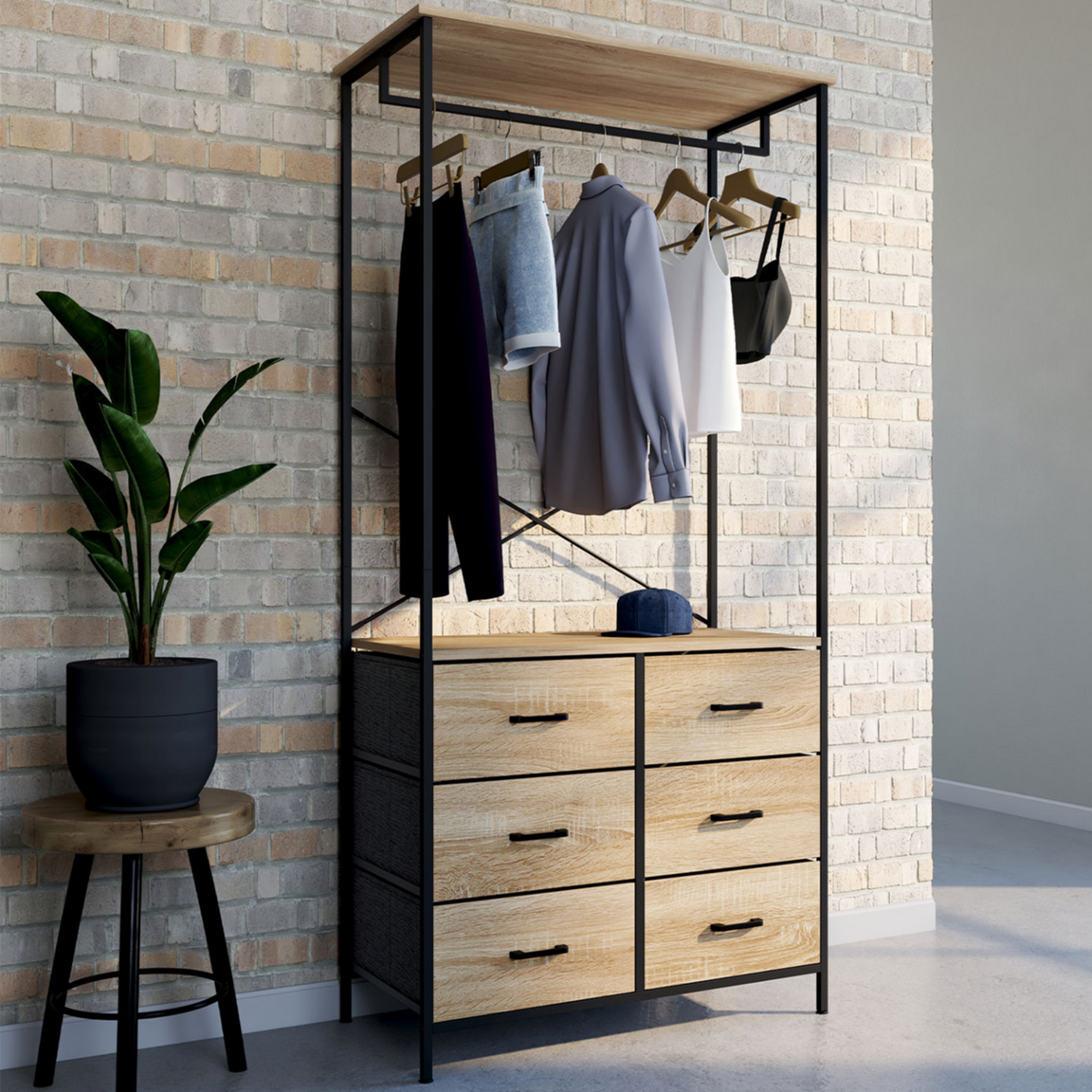 ID MARKET Dressing penderie L. 80 cm UTAH avec 6 bacs en tissu bois et noir