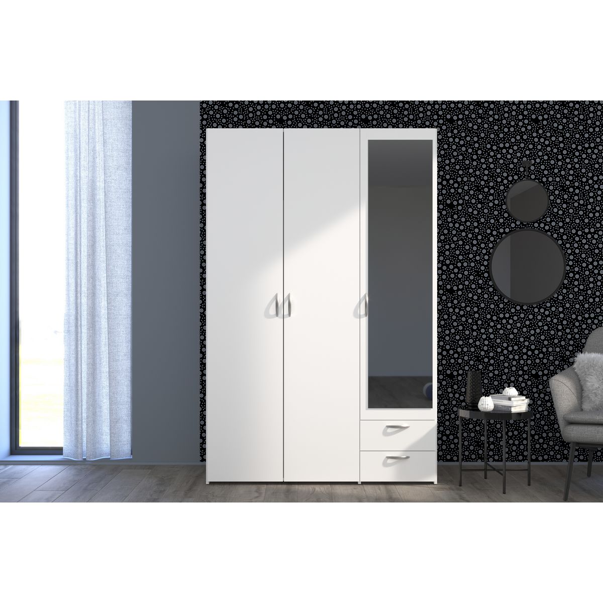 Armoire 3 portes 2 tiroirs 1 miroir L120cm DAISY