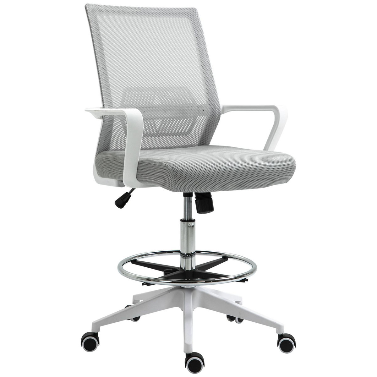 HOMCOM Fauteuil de bureau chaise de bureau assise haute réglable dim. 64L x 59l x 104-124H cm pivotant 360° maille respirante gris