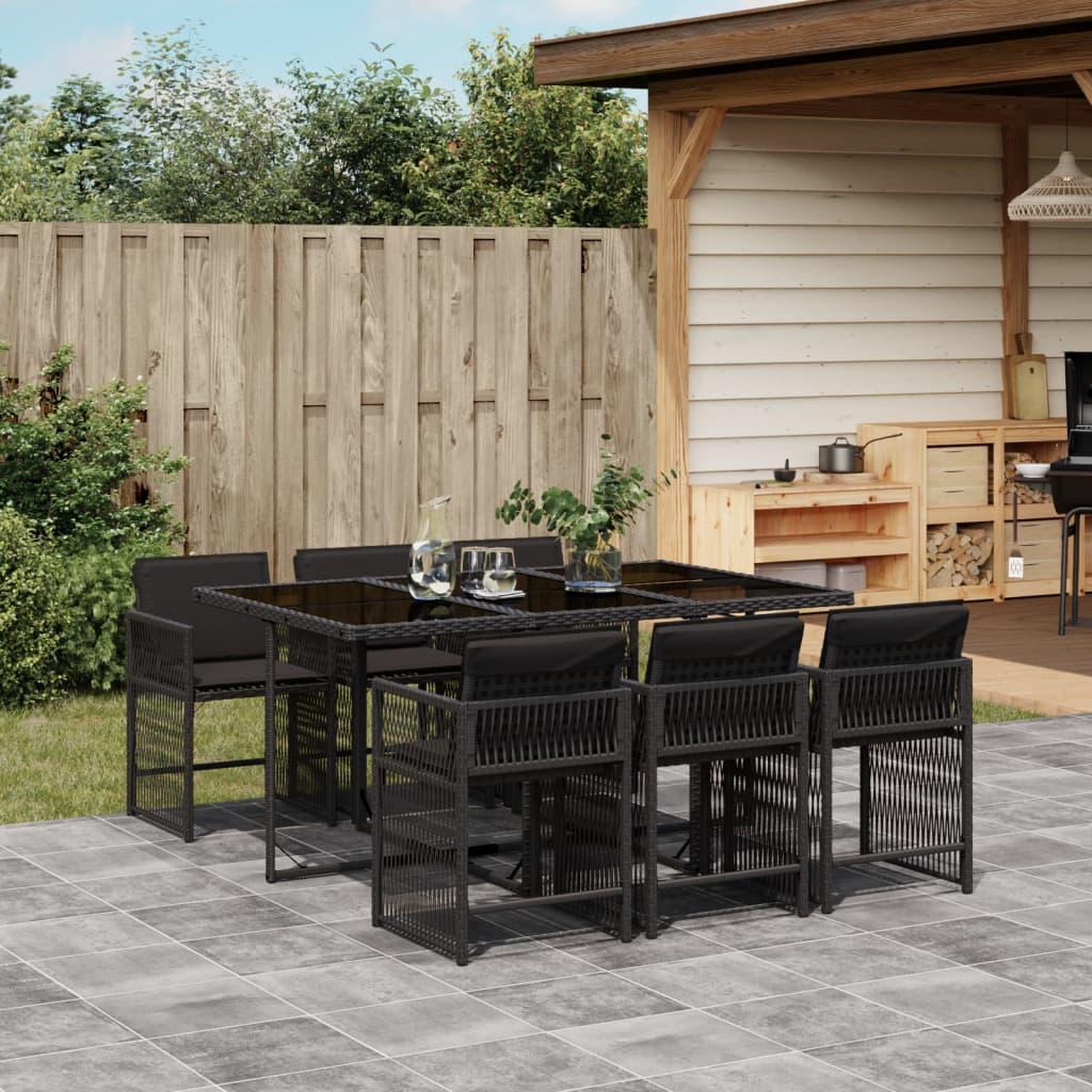 VIDAXL Ensemble a manger de jardin coussins 7pcs Noir Resine tressee