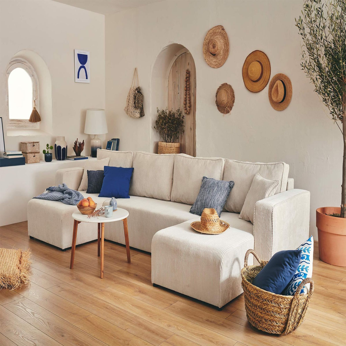 BEST MOBILIER Topaze - canapé panoramique en u - 7 places - convertible avec coffre - en velours côtelé