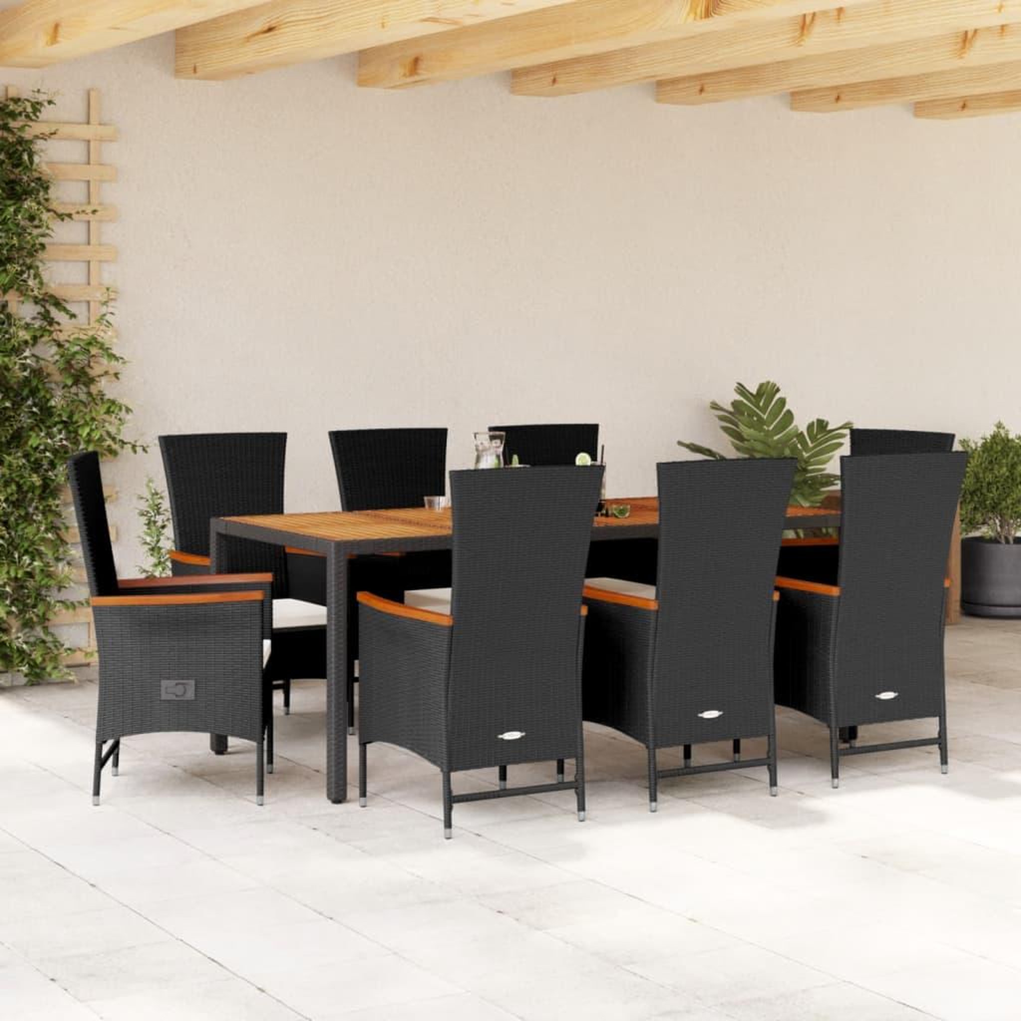 VIDAXL Ensemble a manger de jardin 9pcs coussins noir resine tressee