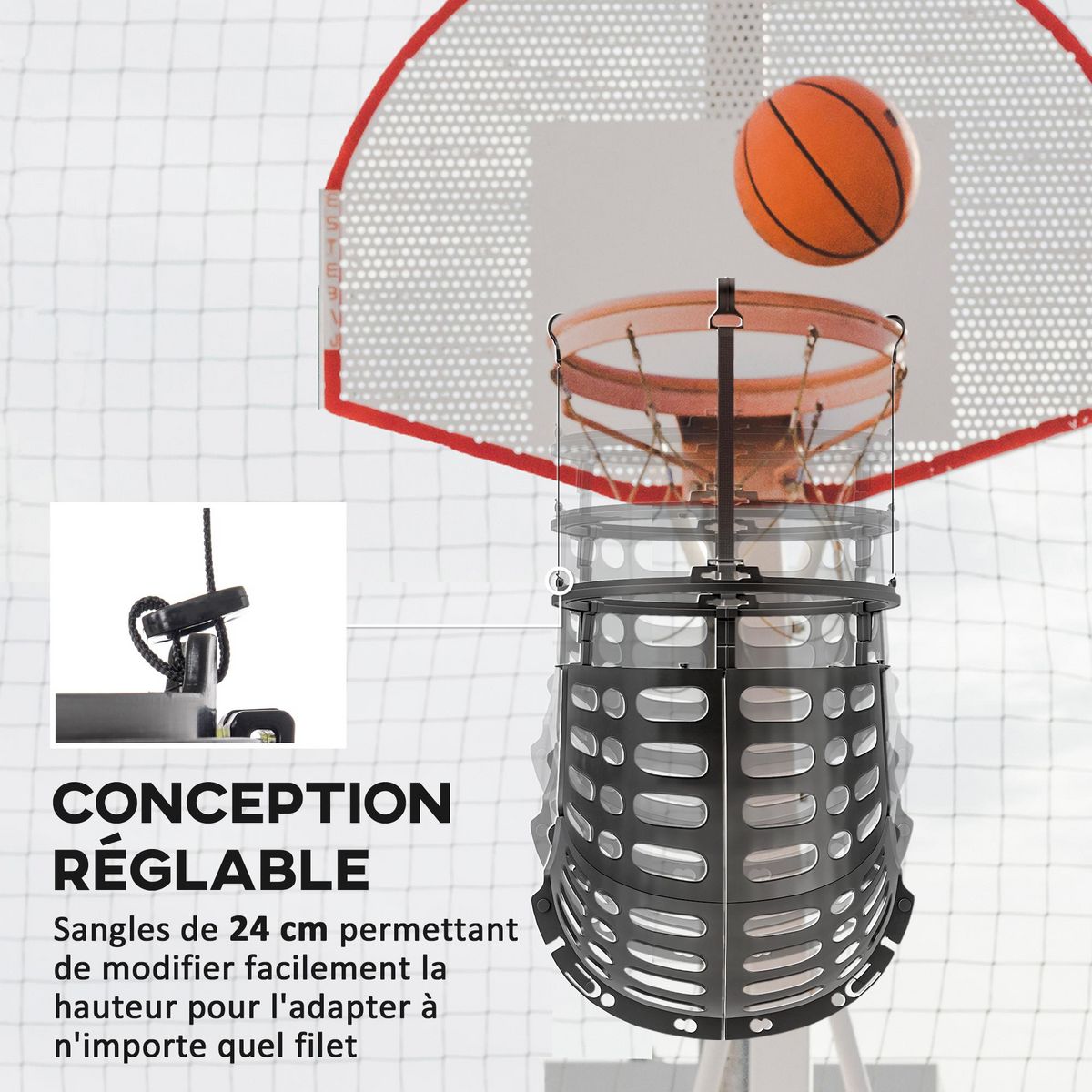 HOMCOM Retour de ballon de basket-ball - rotation 360°, hauteur réglable, crochets amovibles - noir