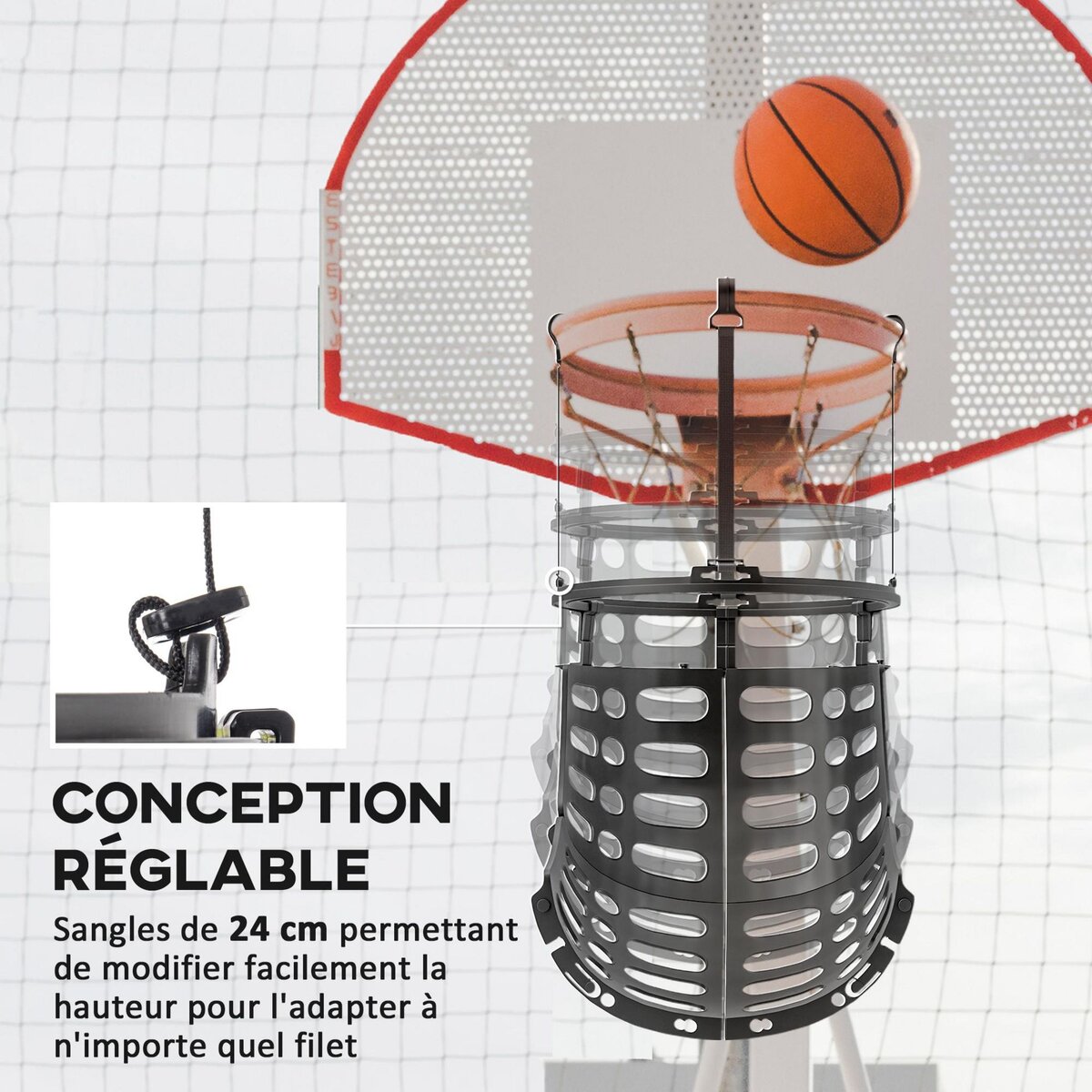 HOMCOM Retour de ballon de basket-ball - rotation 360°, hauteur réglable, crochets amovibles - noir