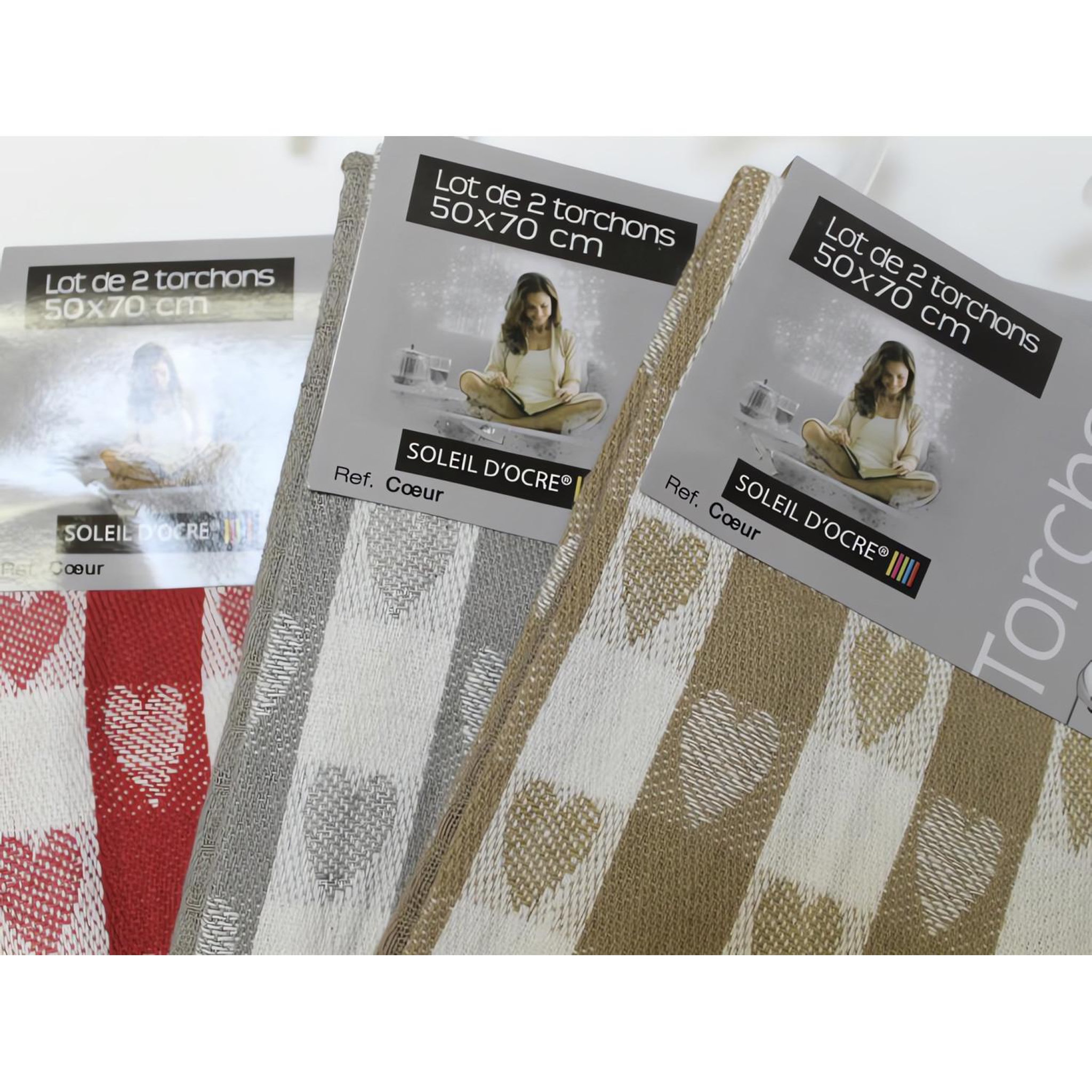 Voir la diapositive 2 : SOLEIL D'OCRE Lot de 2 torchons en coton COEUR taupe, jacquard 50x70 cm