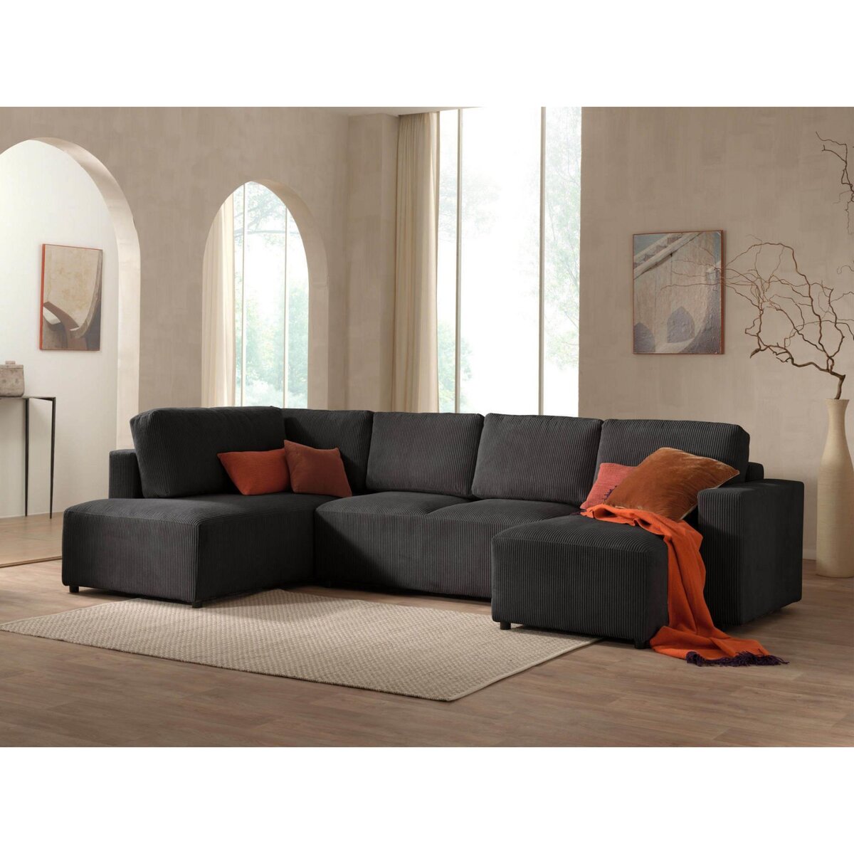 LISA DESIGN Livy - canapé panoramique convertible - avec coffre - en velours côtelé - 7 places - gauche