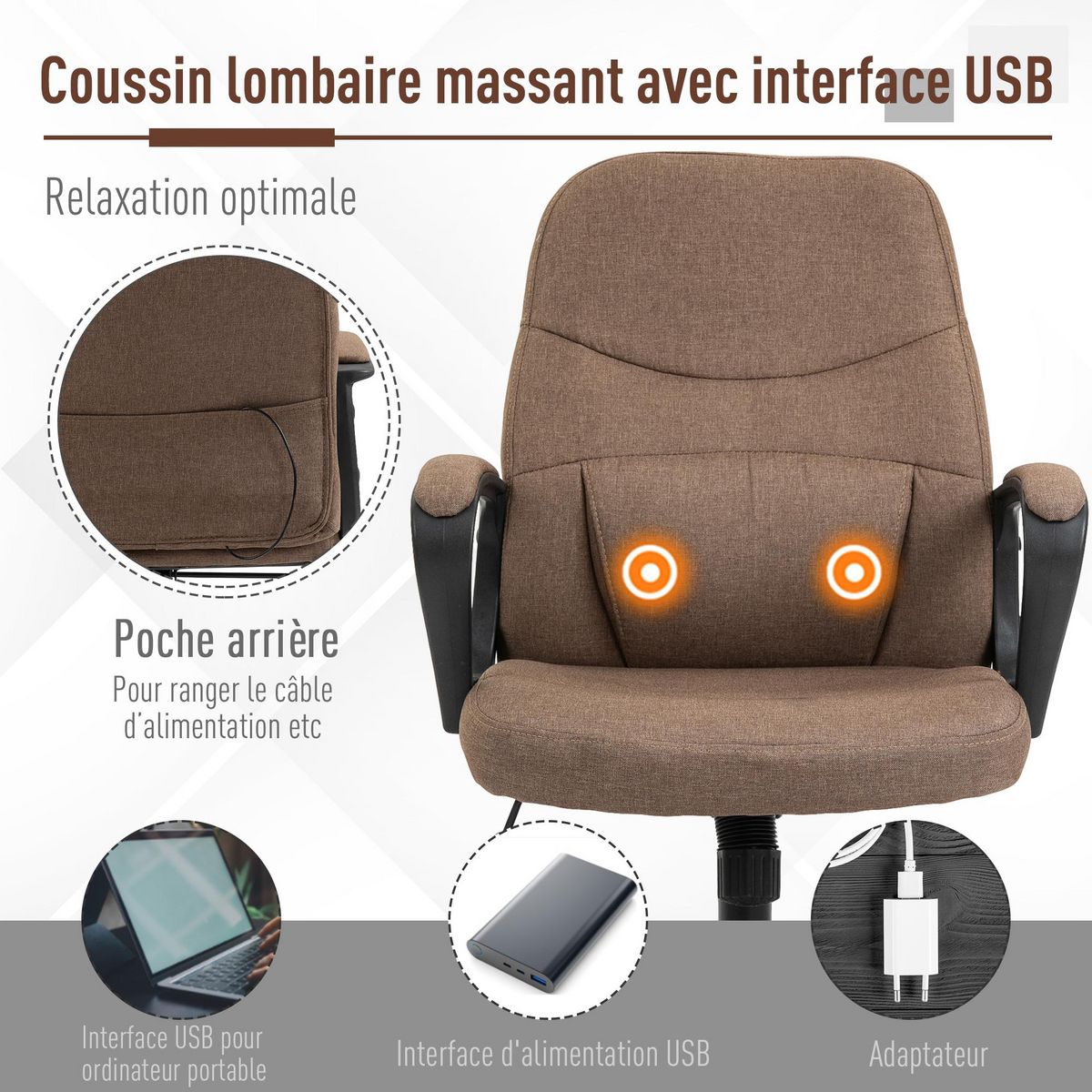 VINSETTO Vinsetto Chaise de bureau fauteuil bureau massant pivotant hauteur réglable tissu lin marron