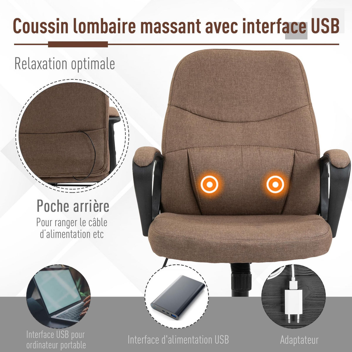 VINSETTO Vinsetto Chaise de bureau fauteuil bureau massant pivotant hauteur réglable tissu lin marron