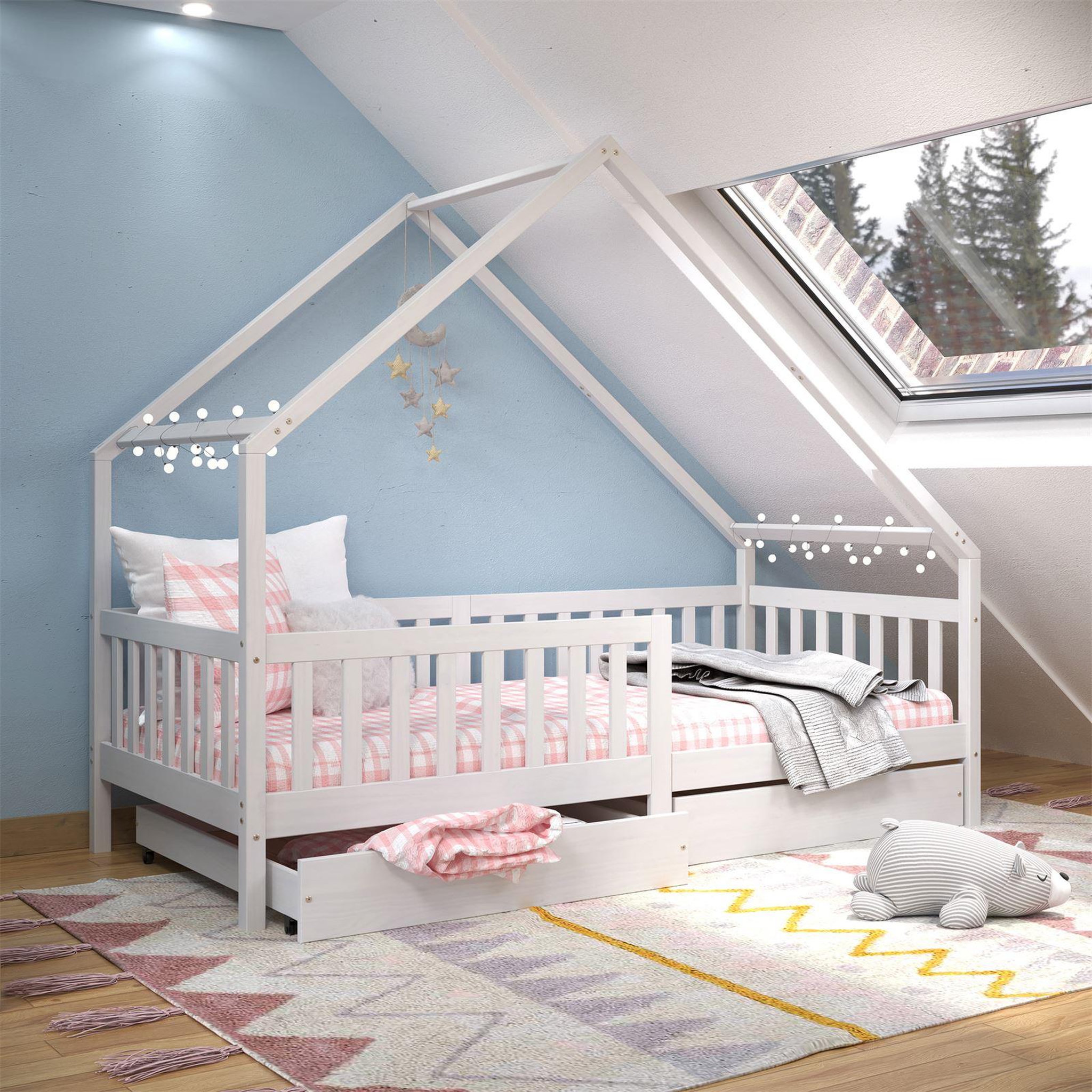 Voir la diapositive 2 : IDIMEX Lit cabane  asymétrique ALVA avec tiroirs, 90 x 200 cm en pin massif
