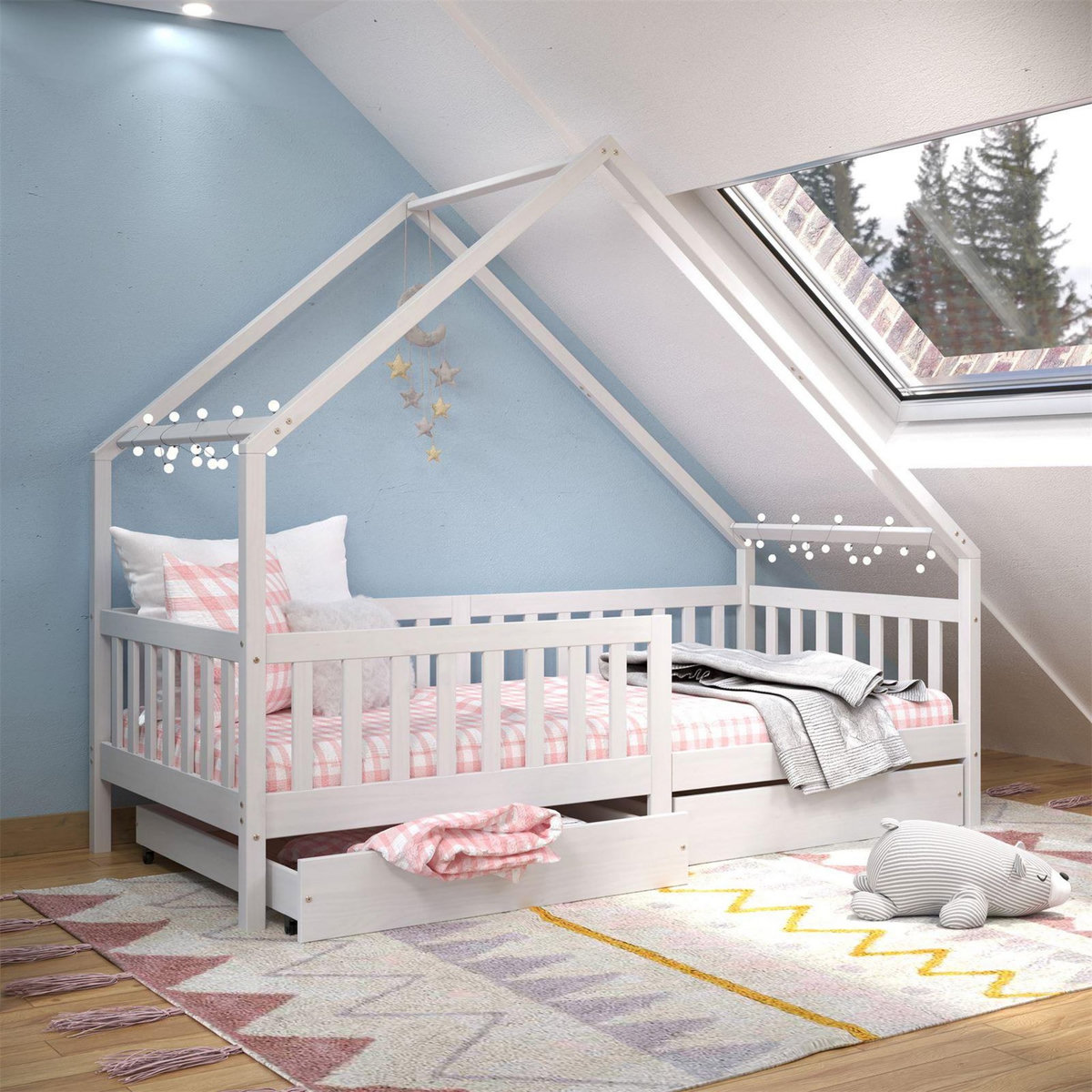 IDIMEX Lit cabane  asymétrique ALVA avec tiroirs, 90 x 200 cm en pin massif