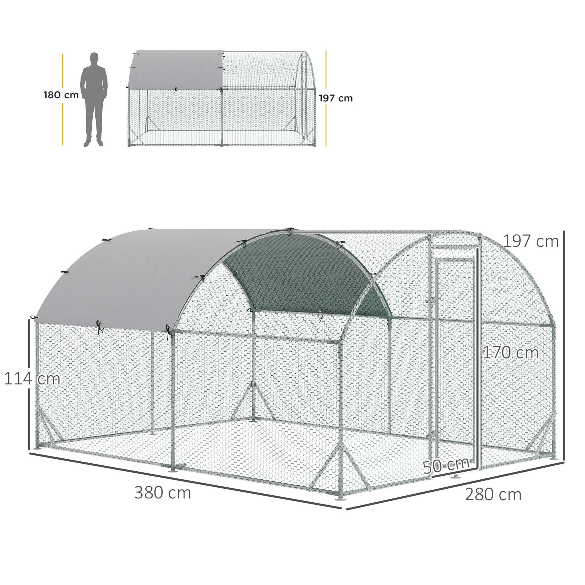 Voir la diapositive 3 : PAWHUT Enclos poulailler chenil 10,64 m² - parc grillagé dim. 3,8L x 2,8l x 1,97H m - espace couvert - acier galvanisé