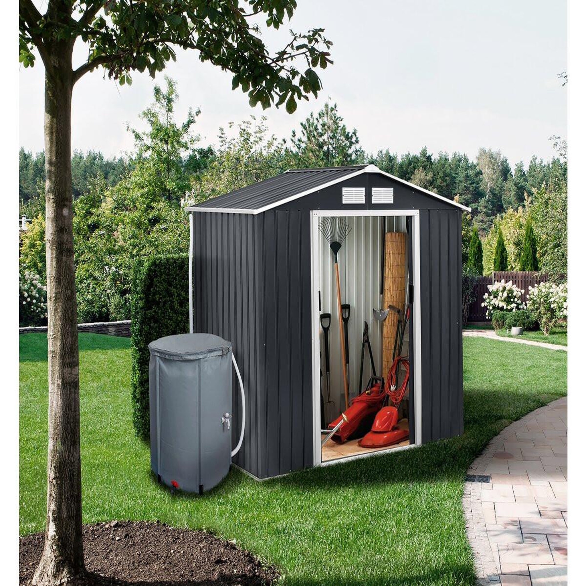 Voir la diapositive 2 : Habitat et Jardin Abri de jardin métal -  vegas  - 5.29 m² avec gouttière et récupérateur d'eau - gris