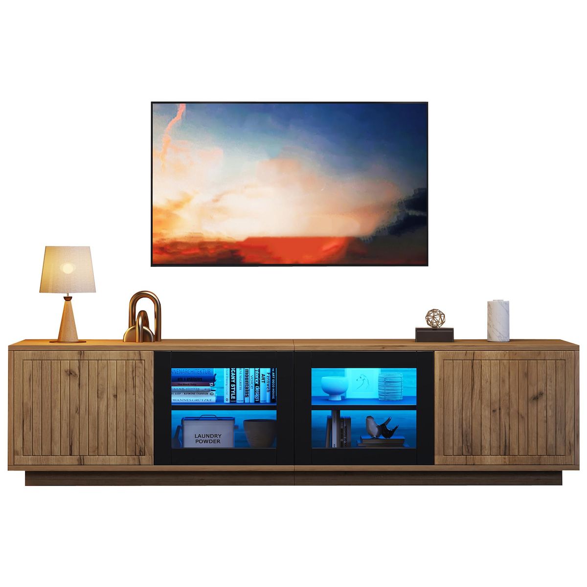 MERAX Meuble tv naturel 180 cm led panneau de particules