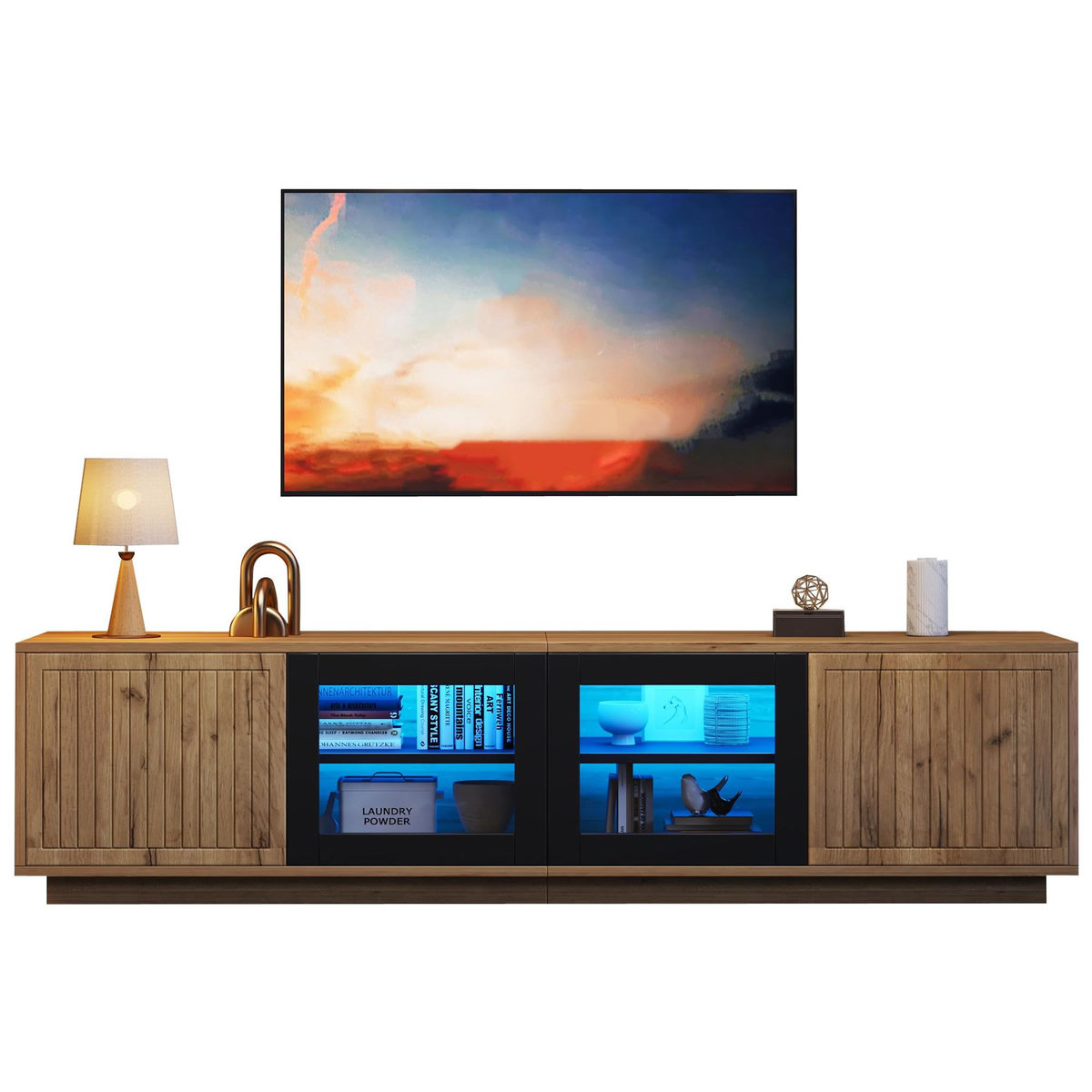 MERAX Meuble tv naturel 180 cm led panneau de particules