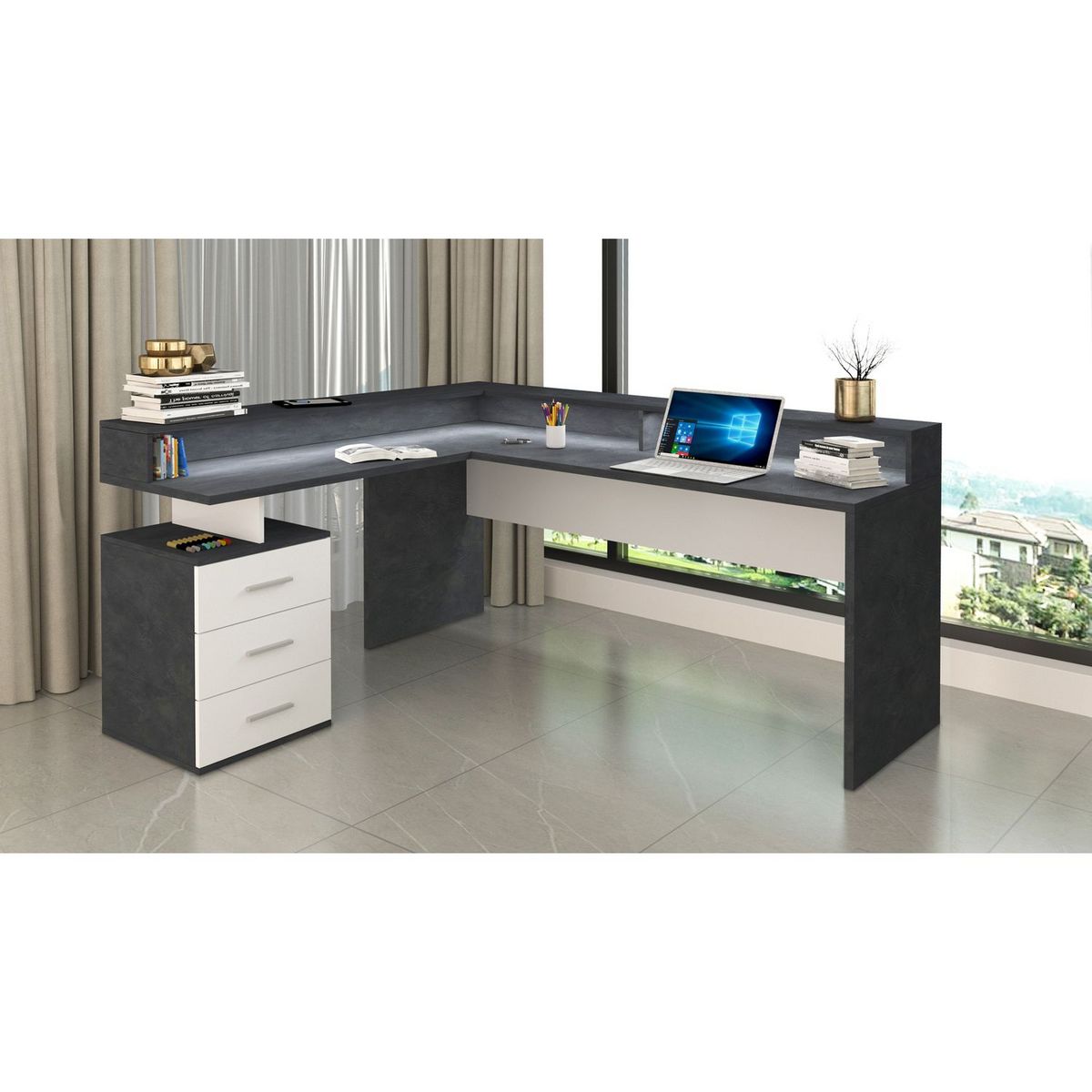 Bureau d'angle avec rehaussement 3 tiroirs L180 cm VASTO
