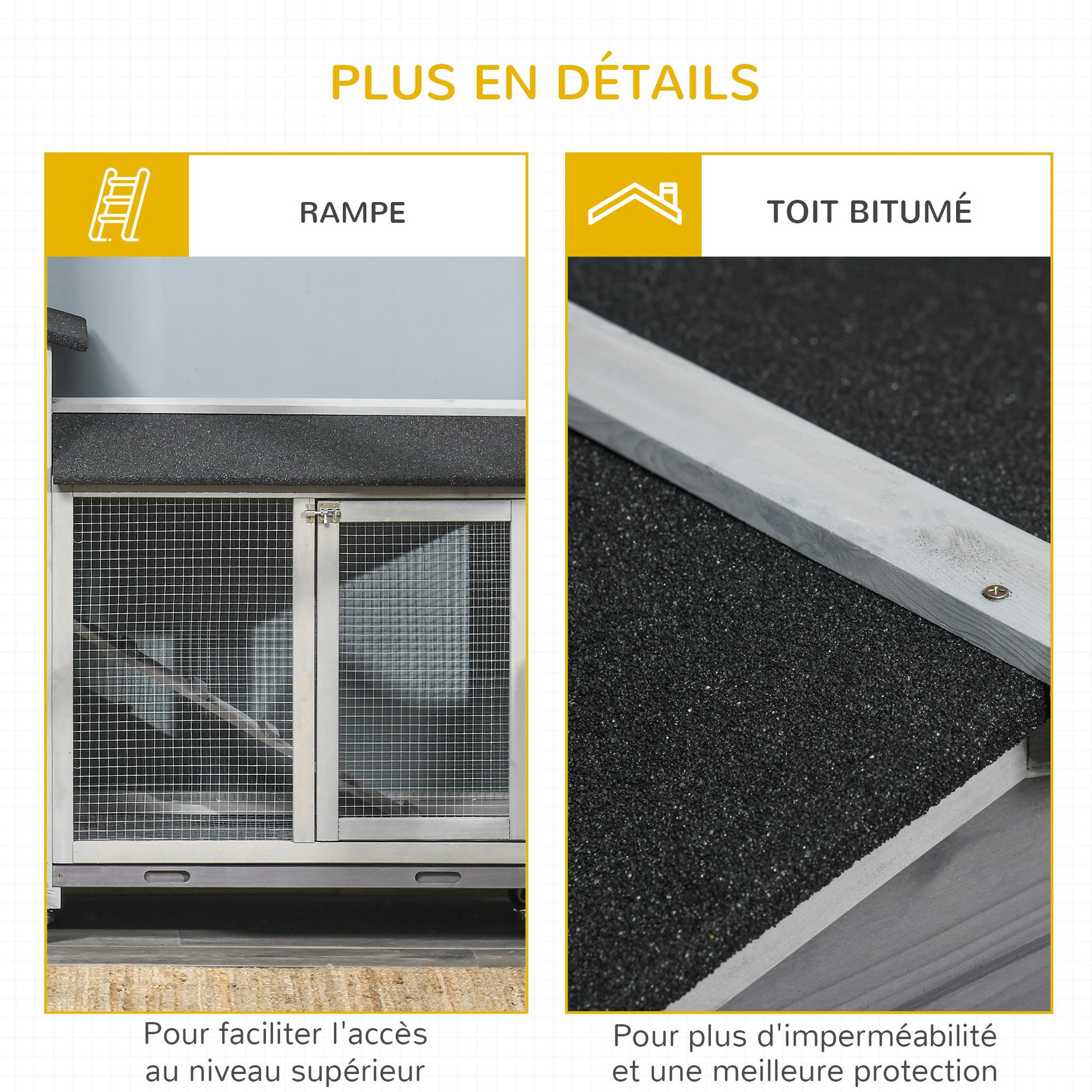 Voir la diapositive 6 : PAWHUT Clapier bois sur roulettes 2 niv. 3 plateaux déjections coulissants sapin gris pré-huilé