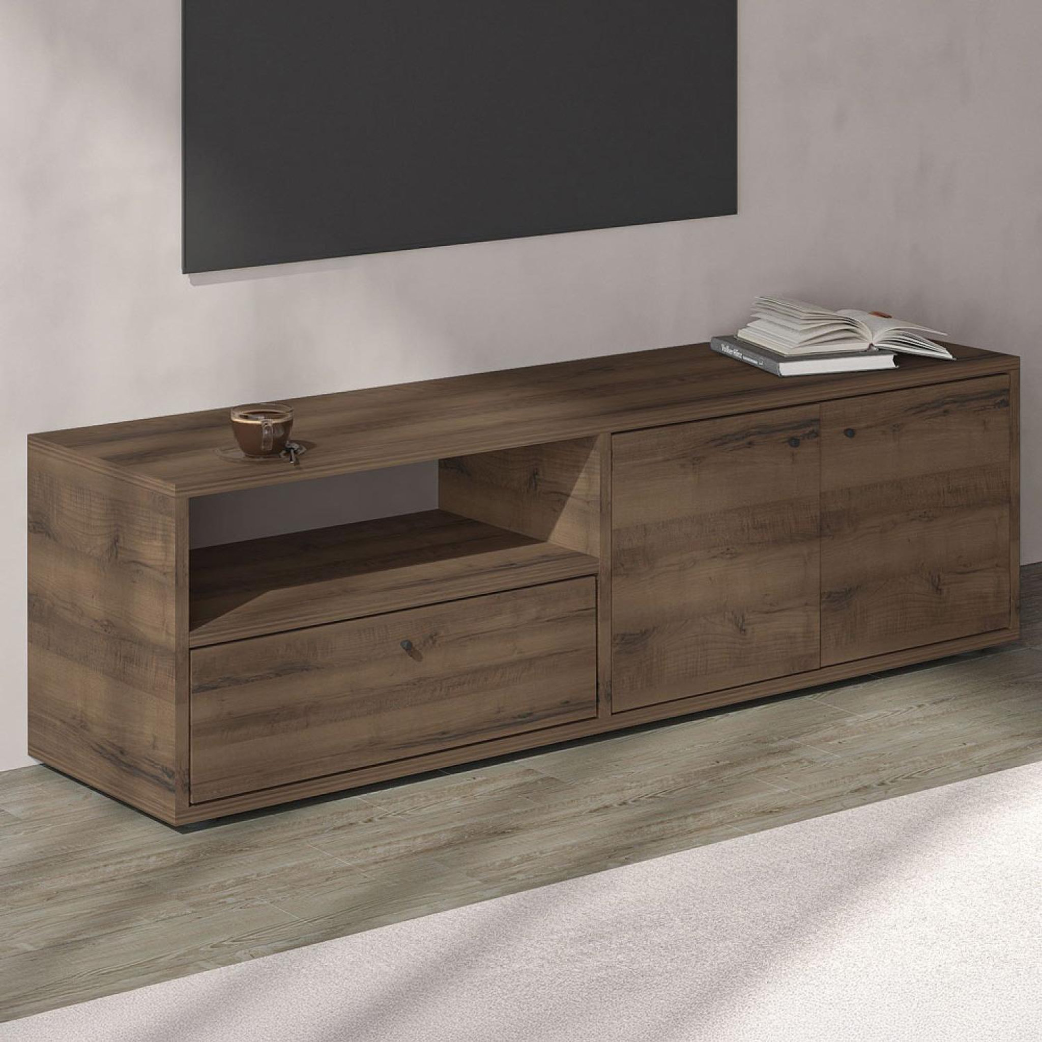 Voir la diapositive 3 : CONCEPT USINE Meuble tv avec placards et niche aspect bois de noyer 136cm oaki