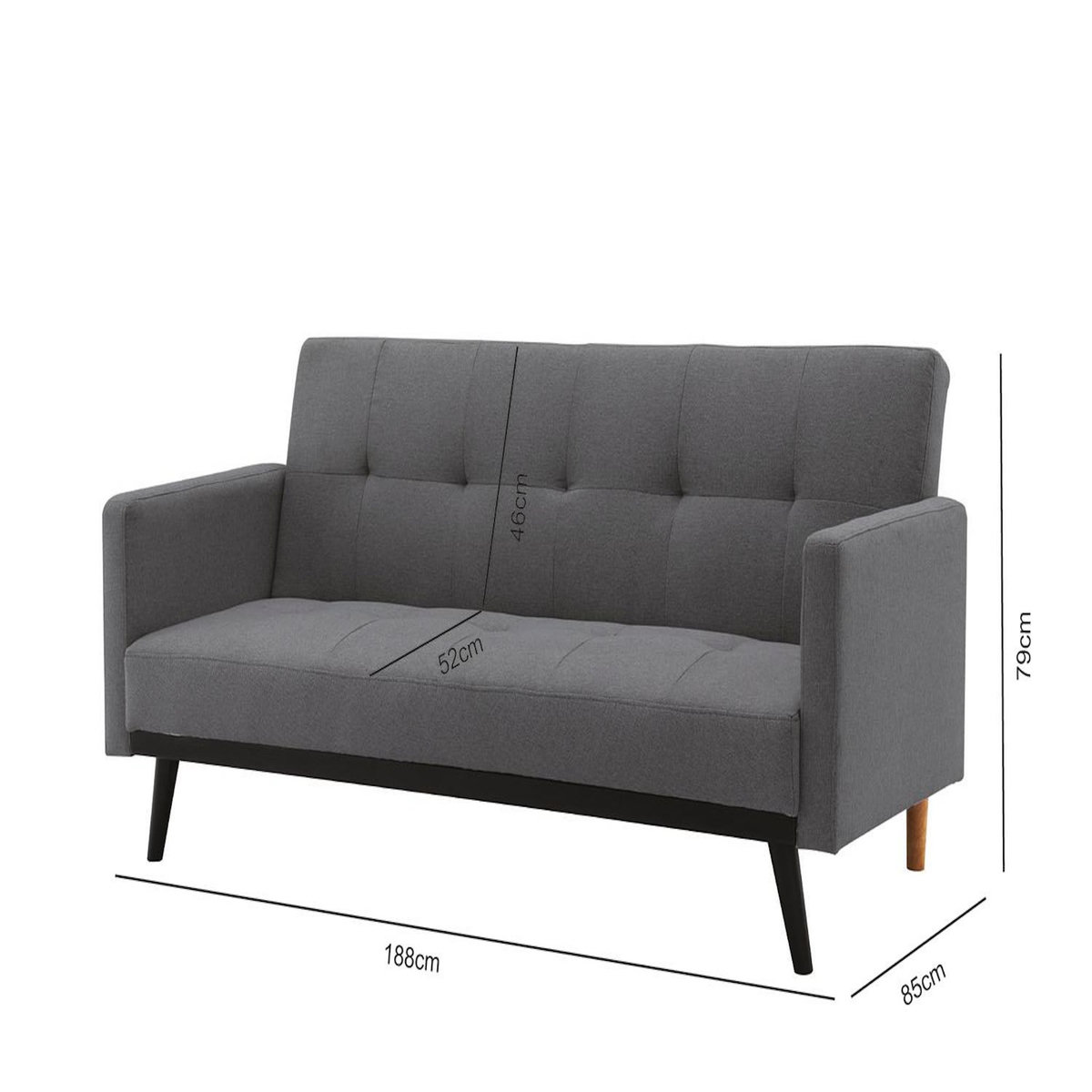 CONCEPT USINE Canapé convertible 3 places en tissu gris foncé pieds noirs LEON