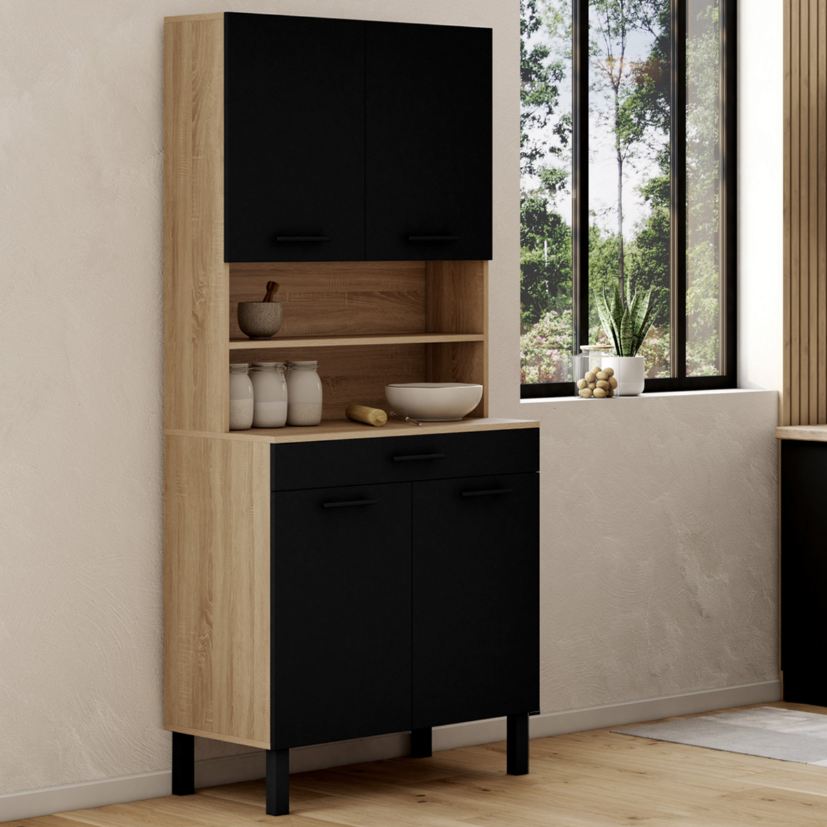 ID MARKET Buffet de cuisine 80 CM CINA 4 portes + tiroir façon hêtre et noir
