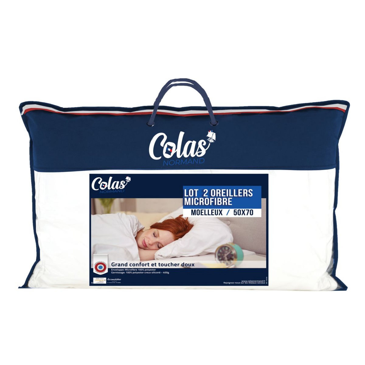 COLAS NORMAND Lot de 2 oreillers moelleux douceur et confort en microfibre 