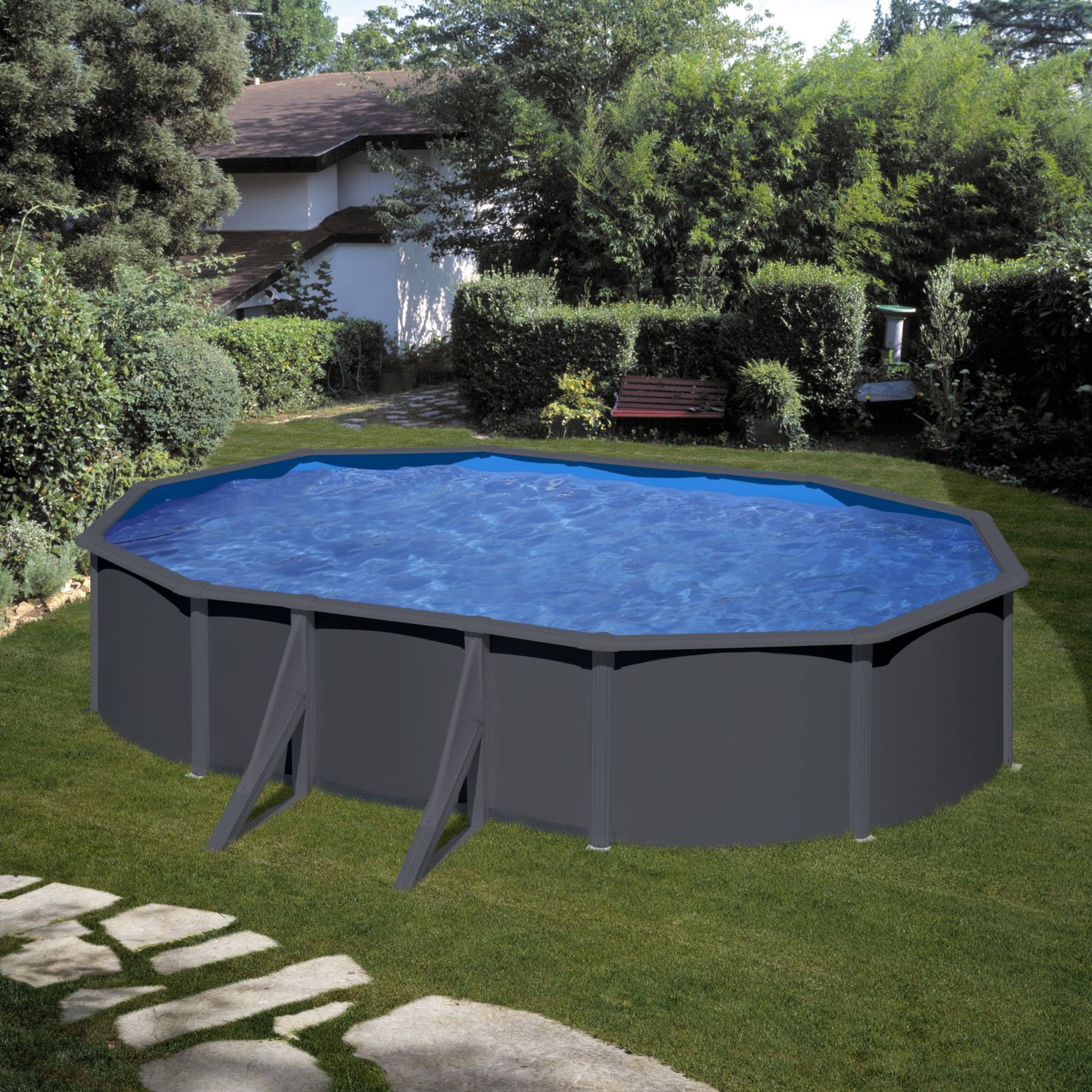 Piscine hors sol acier ovale - Gris anthracite - 5,27m x 3,27m x H 1,22m - LOUKO