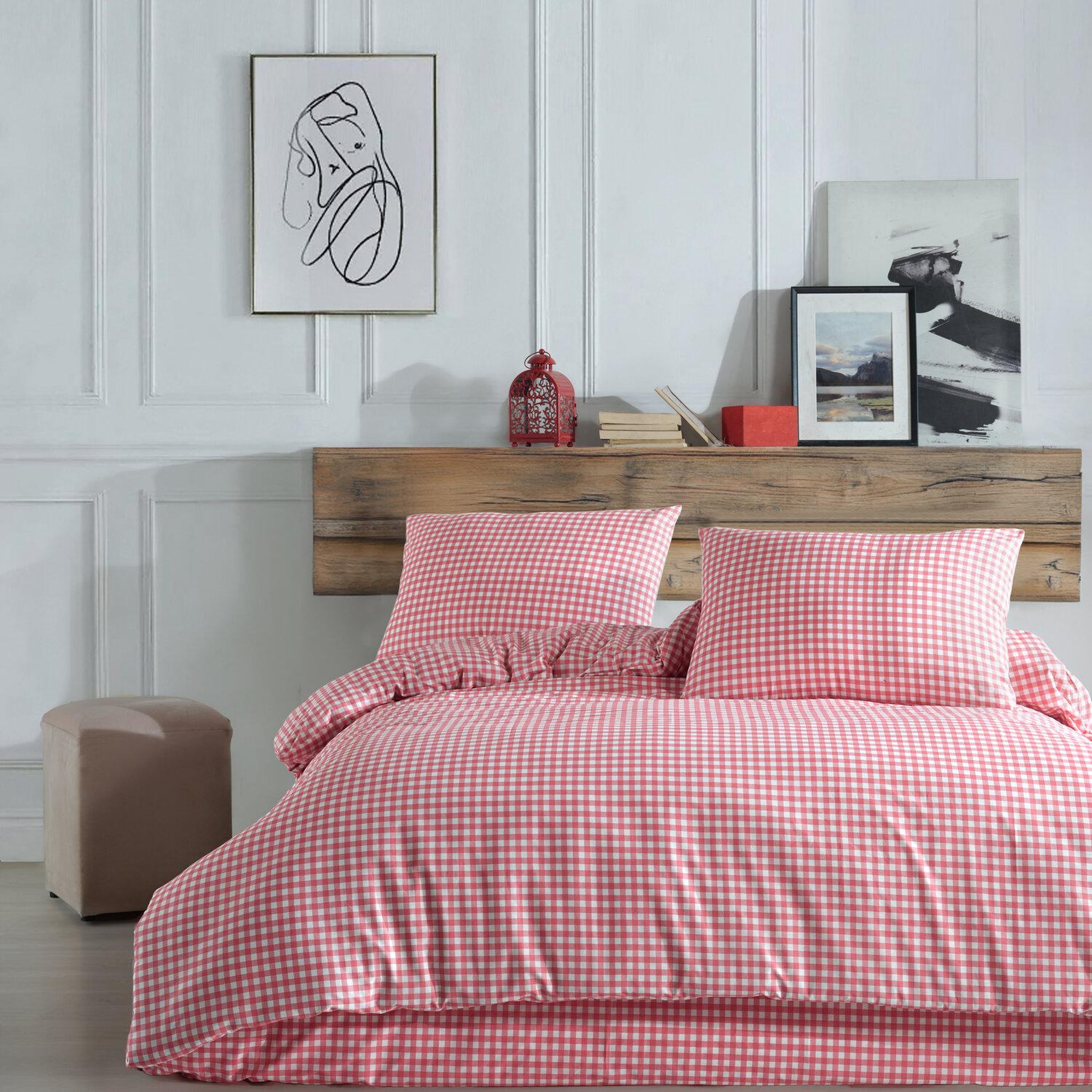 Home collection Parure housse de couette 3 pcs 240x220 cm 100% coton 57 fils imprimé. Vichy rose