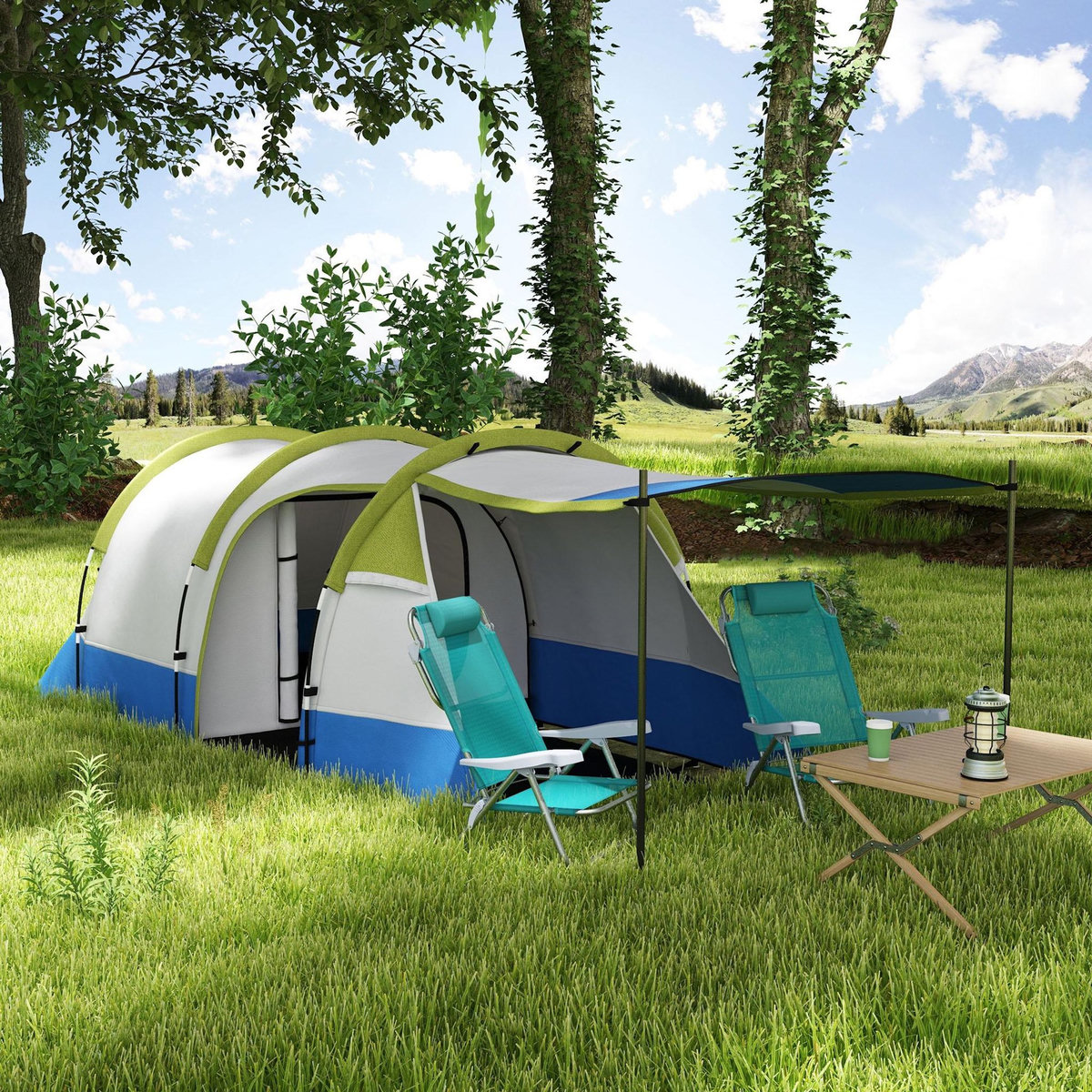 OUTSUNNY Tente de camping 2-3 pers. porche étanche 2000 mm 3 portes sac de transport vert