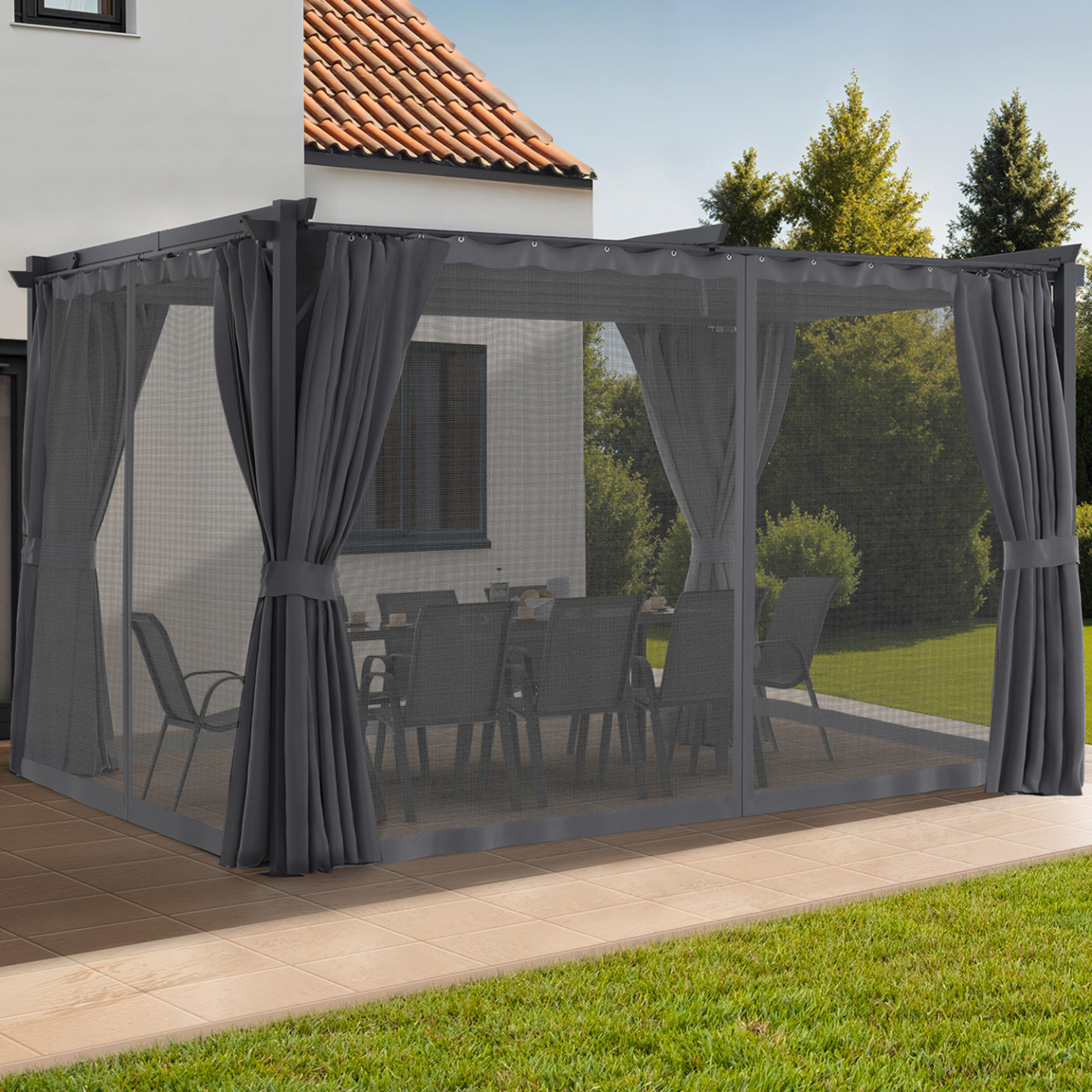 Voir la diapositive 2 : ID MARKET Pergola édition intégrale moustiquaire toit rétractable 3x4m et 4 rideaux gris