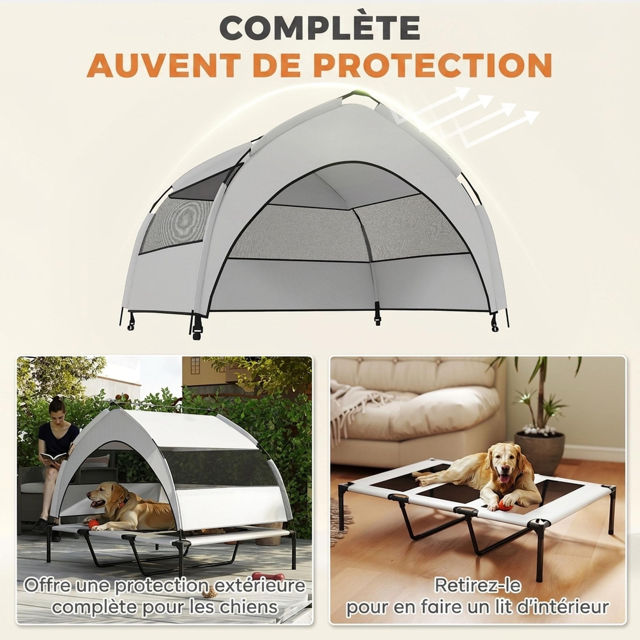 Voir la diapositive 6 : PAWHUT Lit pour chien sur pieds grande taille XXL avec auvent gris