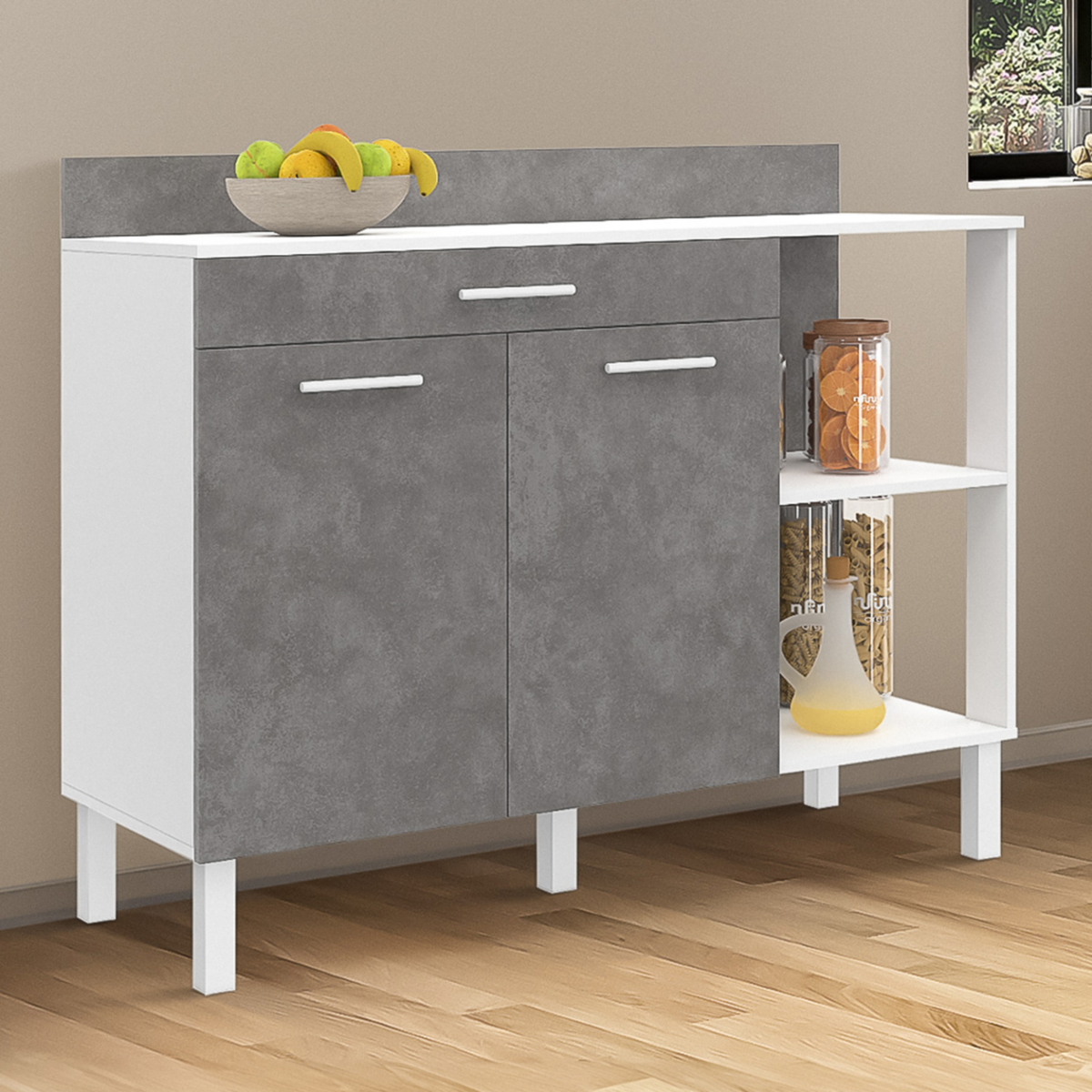 ID MARKET Buffet bas de cuisine 120 cm CINA plan de travail H.83 cm 2 portes + tiroir blanc et effet béton
