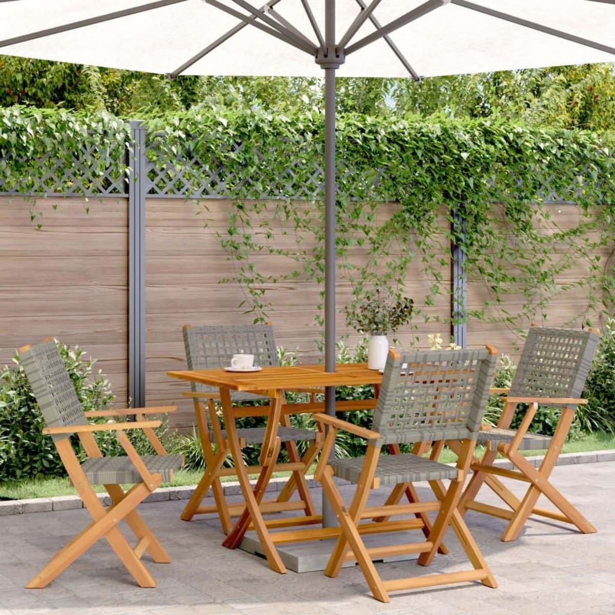 VIDAXL Chaises de jardin pliantes lot de 4 gris poly rotin bois massif