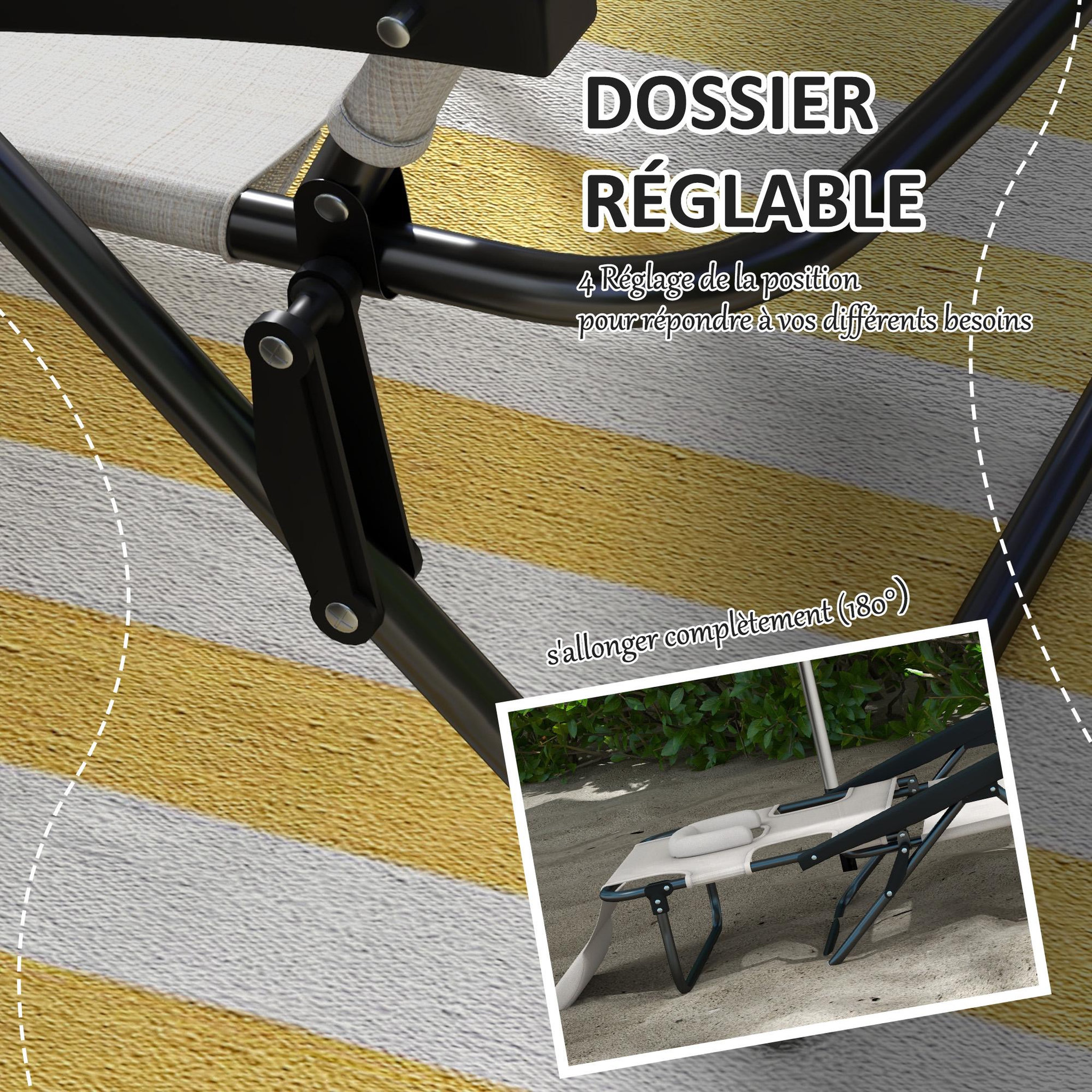 Voir la diapositive 4 : OUTSUNNY Bain de soleil transat pliable inclinable - coussins, espace tête - acier noir polyester crème