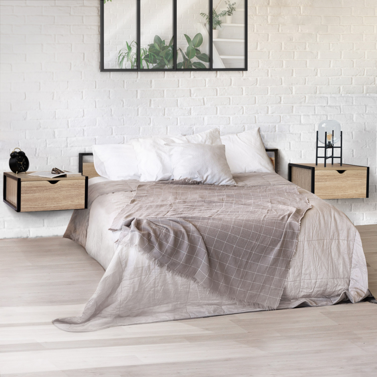 ID MARKET Lot de 2 tables de chevet murales DETROIT 1 tiroir étagère suspendue bois et métal noir design industriel