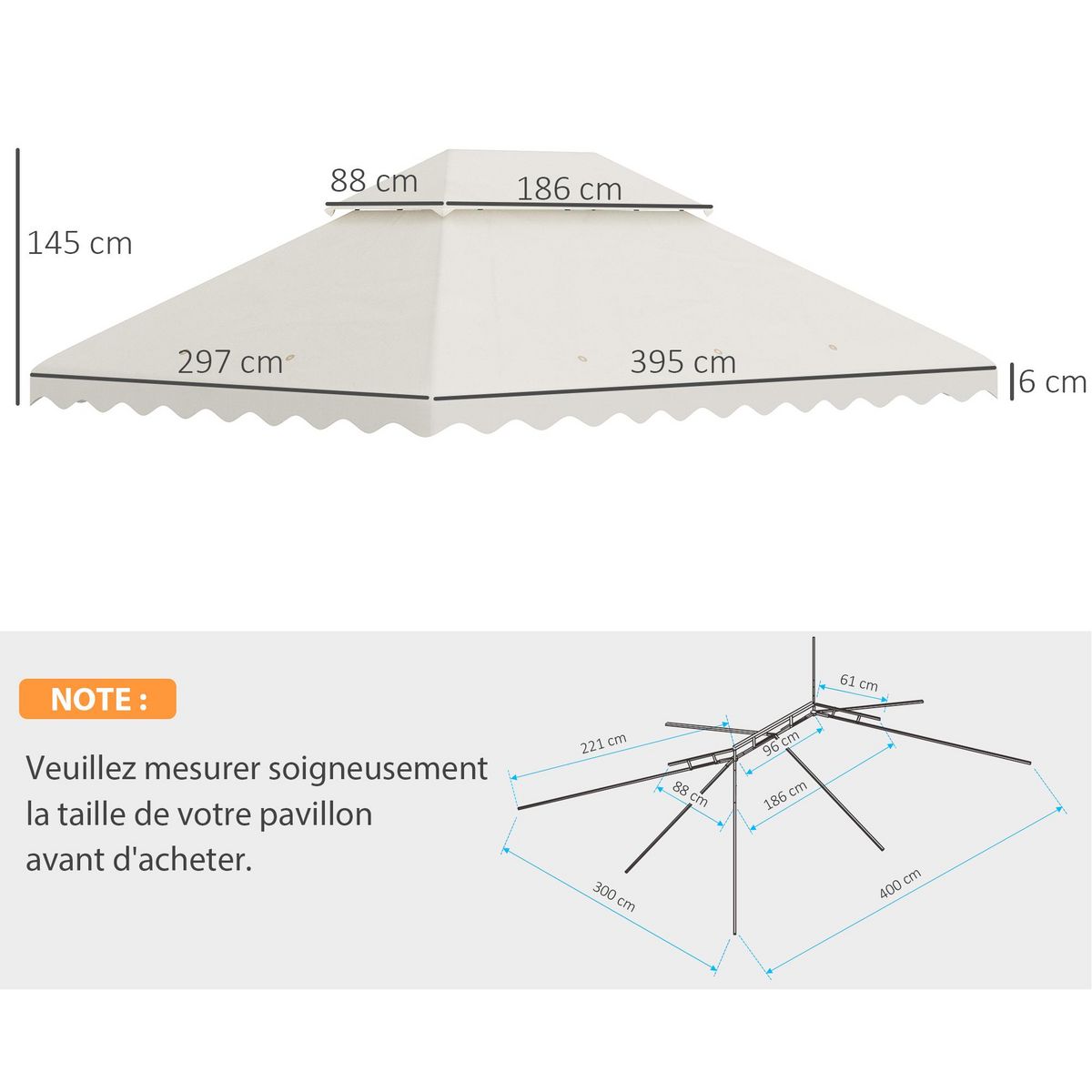 OUTSUNNY Toile de rechange pour barnum tonnelle 4 x 3 m tissu polyester haute densité 180 g/m² anti-UV crème