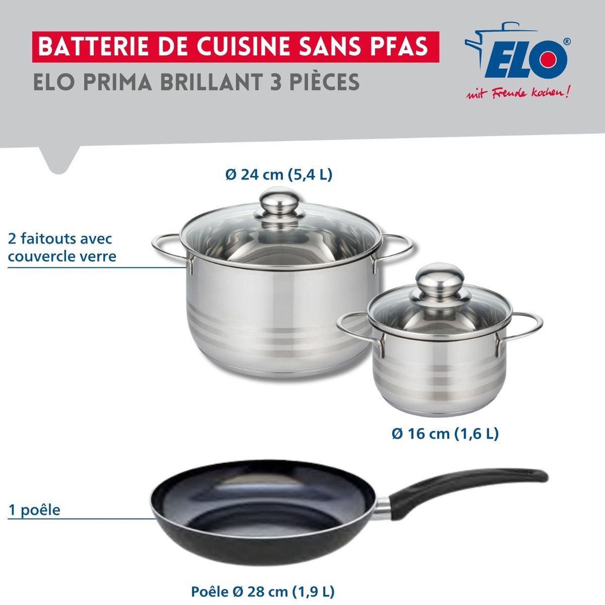 Voir la diapositive 2 : ELO Ensemble de 1 poêle de cuisson 28 cm et 2 faitouts 16 et 24 cm elo prima brillant