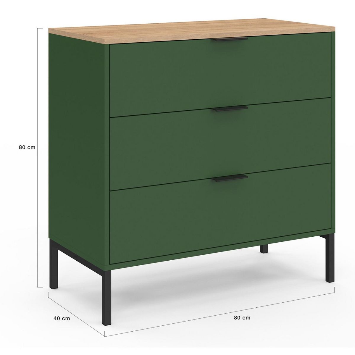 ID MARKET Commode 3 tiroirs KELIA 80 cm vert kaki et plateau bois
