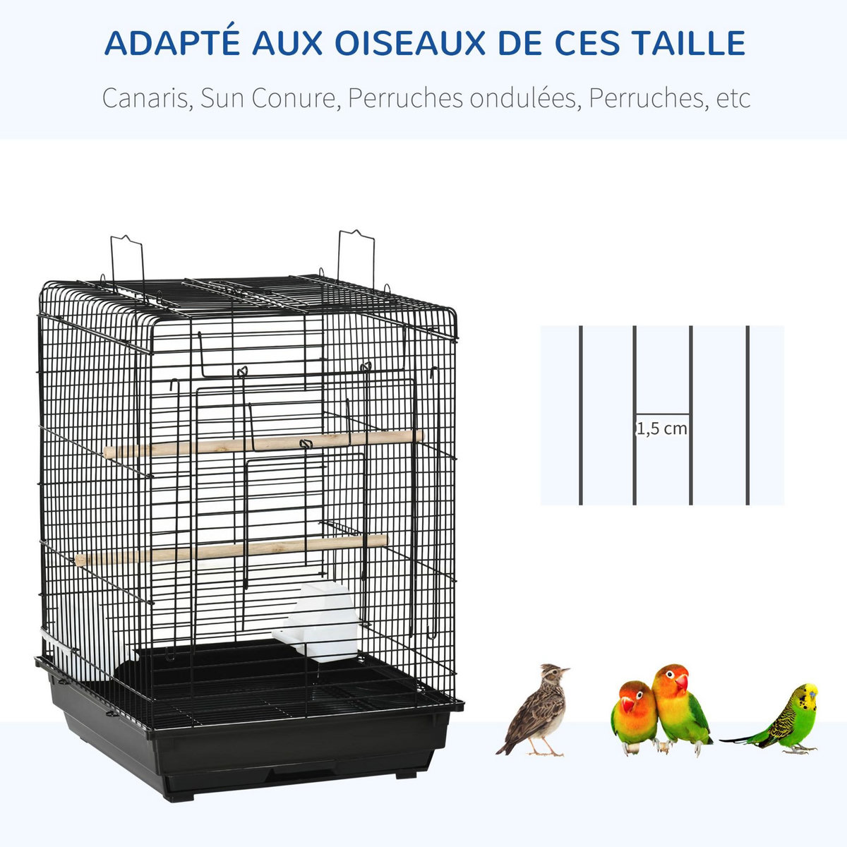 PAWHUT Cage à oiseaux 2 mangeoires 2 perchoirs toit ouvrant plateau excrément amovible poignée transport métal PS noir