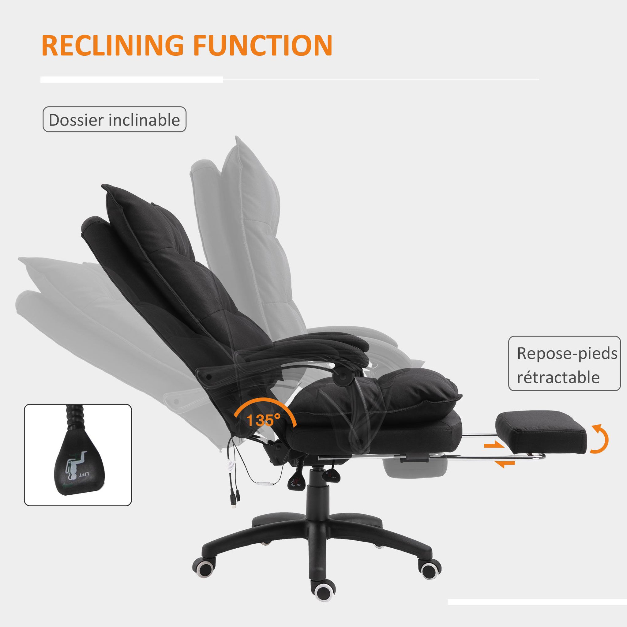 Voir la diapositive 5 : HOMCOM Fauteuil de bureau direction massant hauteur réglable dossier inclinable repose-pied intégré toile de lin noir