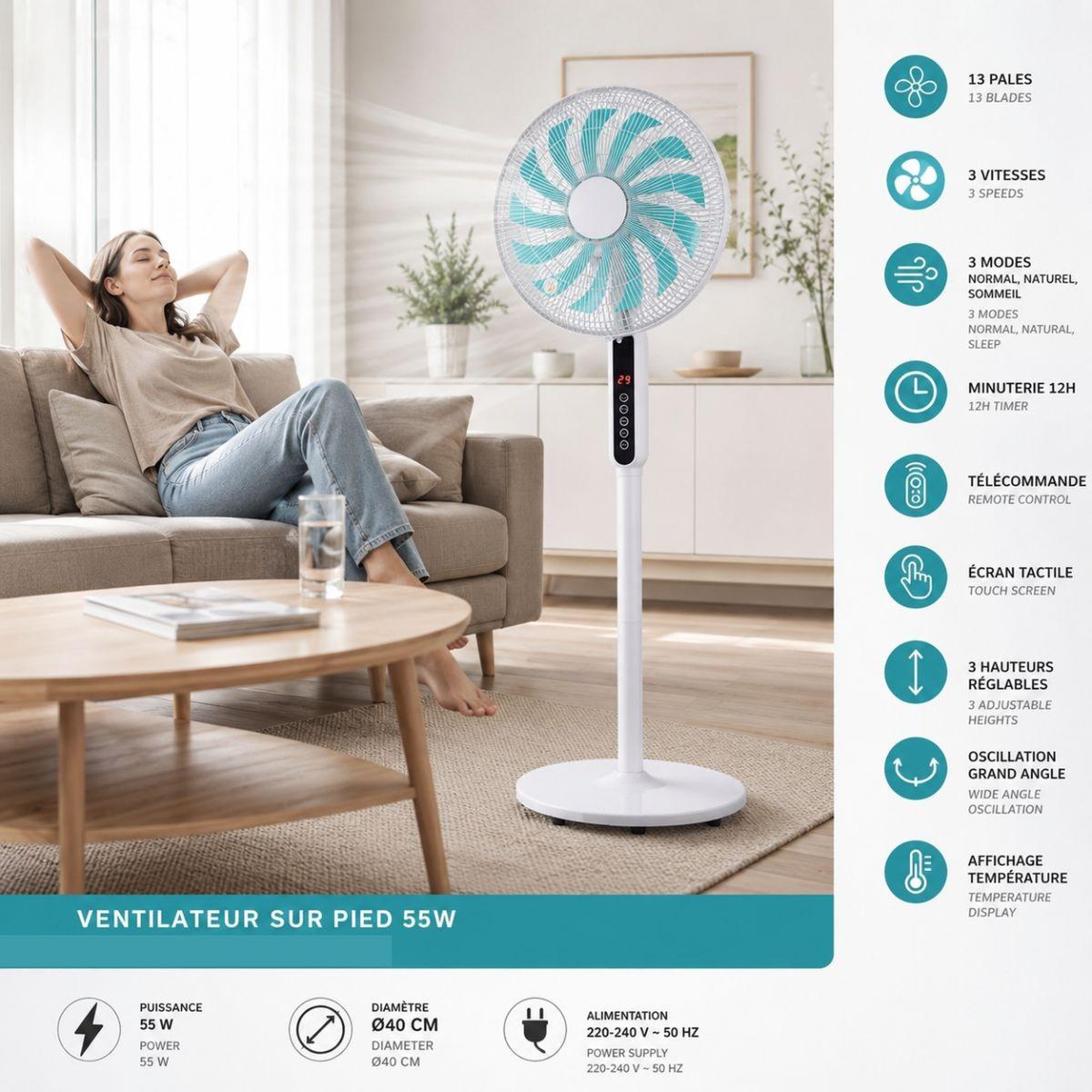 Voir la diapositive 3 : INTEC Ventilateur sur pied 55w 13 pales flux air puissant 3 hauteurs réglables télécommande minuterie ecran tactile intec
