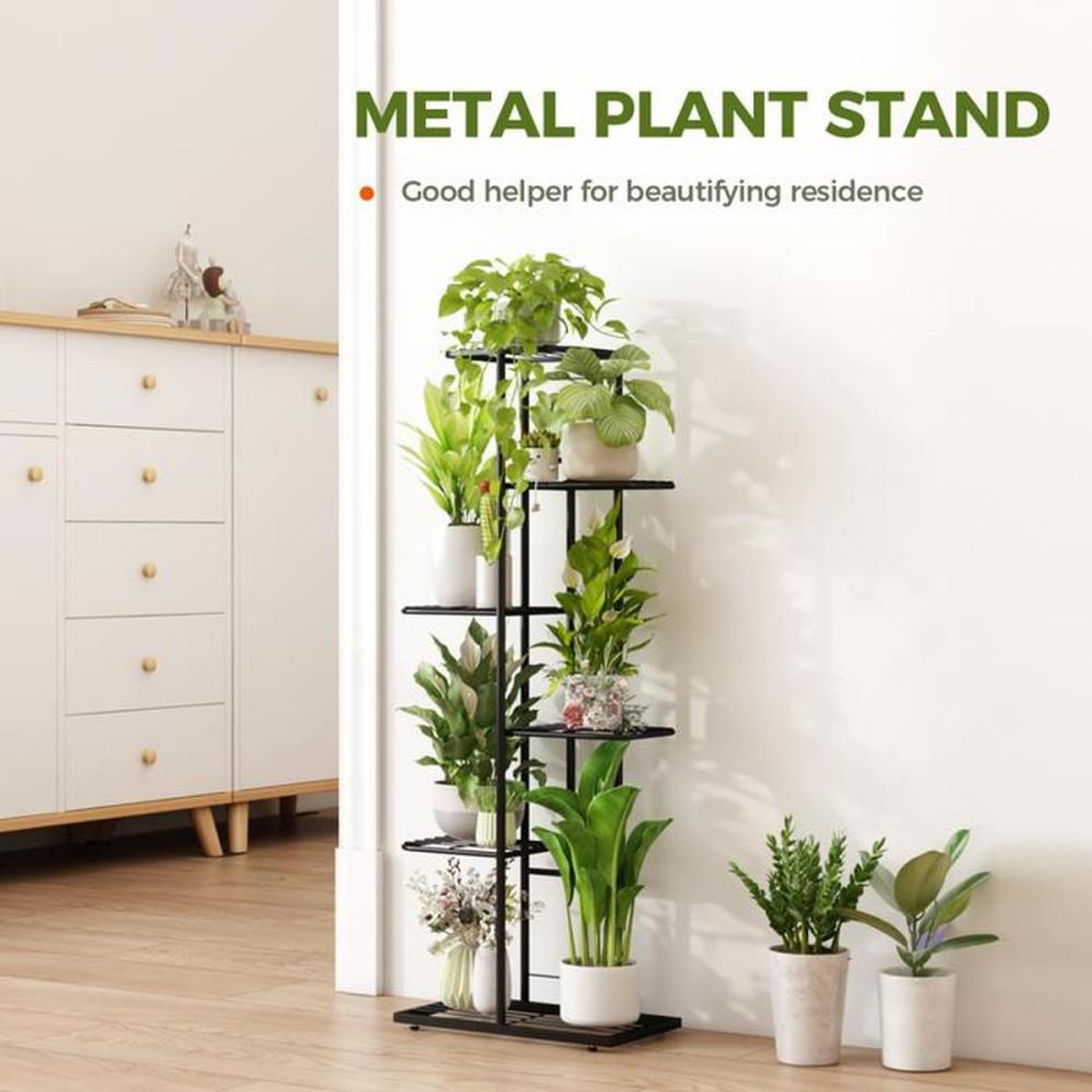 Voir la diapositive 6 : Porte-plantes 6 niveaux noir métal et bois, étagère d'intérieur/extérieur avec traitement anti-moisissure