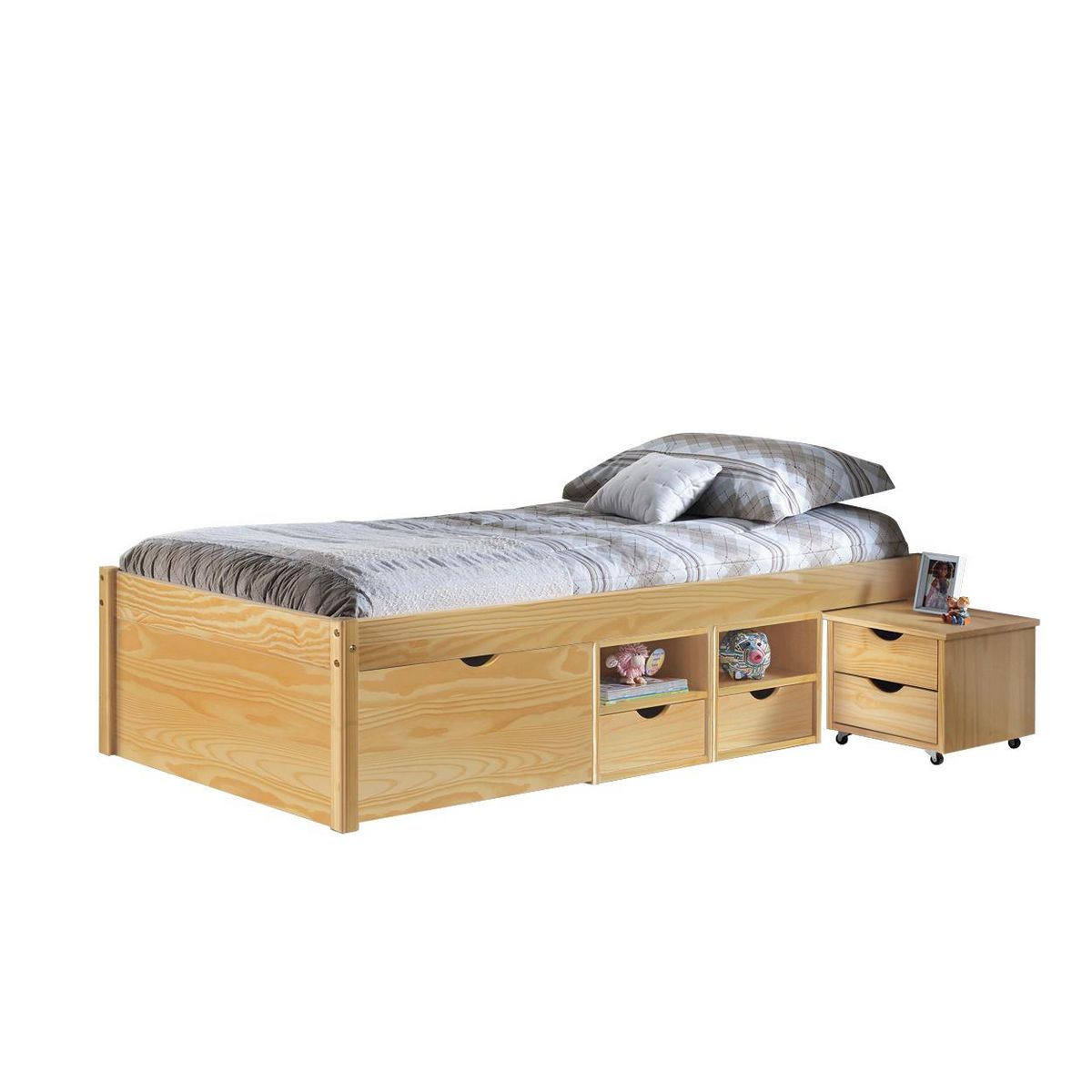 Lit 1 place en pin massif  avec rangement et sommier  90x200 cm SLEEP