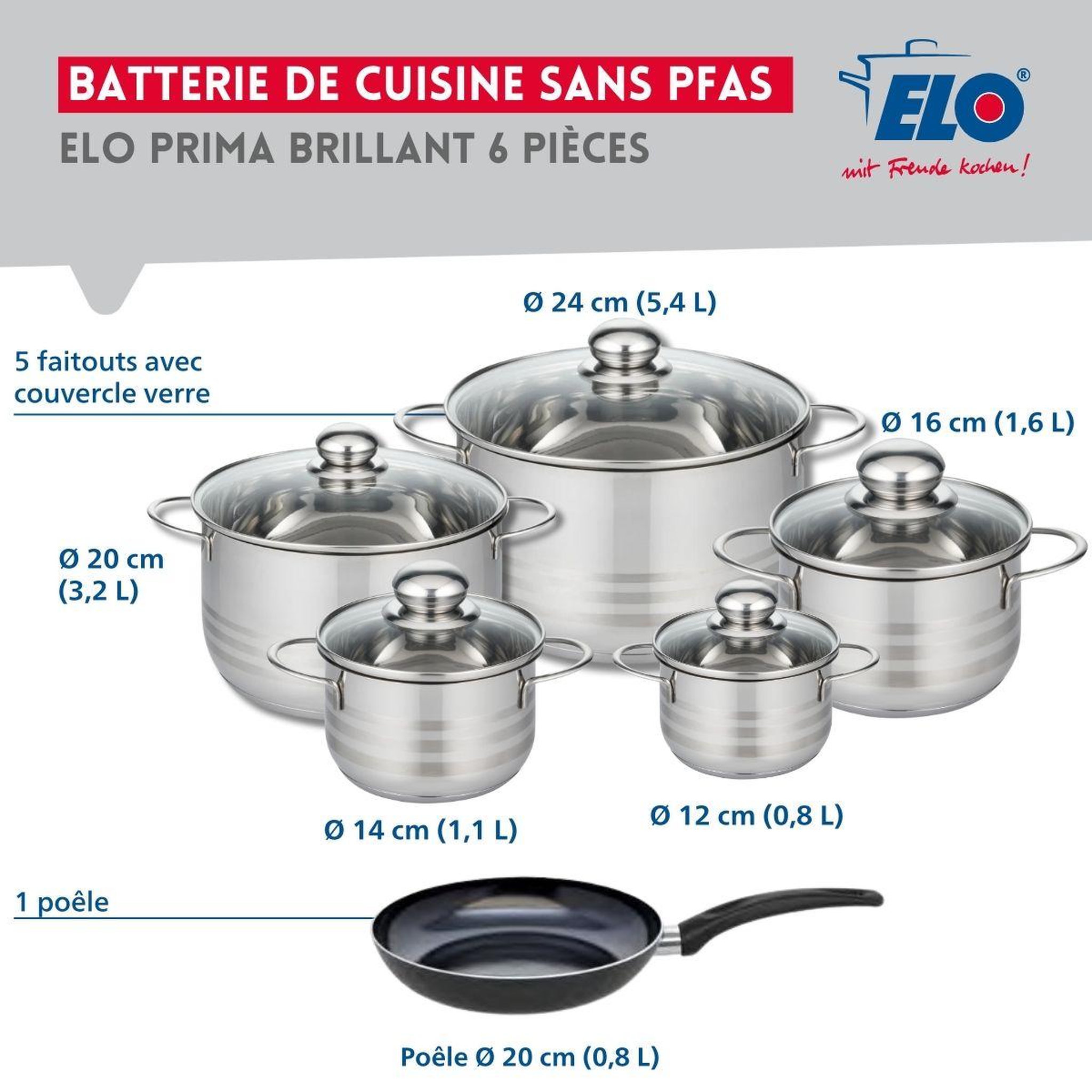 Voir la diapositive 2 : ELO Ensemble de 1 poêle de cuisson 20 cm et 5 faitouts 12, 14, 16, 20 et 24 cm elo prima brillant
