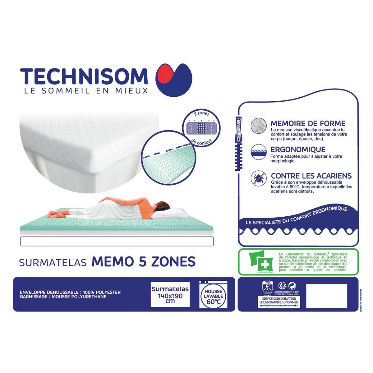 TECHNISOM Surmatelas ergonomique à mémoire de forme 5 zones anti-acariens 