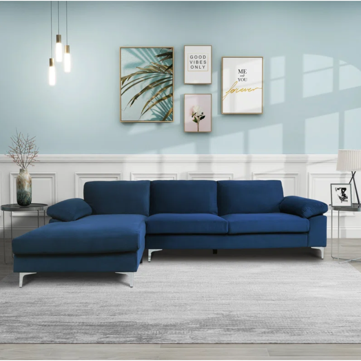 CONCEPT USINE Canapé d'angle gauche 4-5 places en velours bleu GALWAY