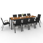 ID MARKET Salon de jardin NOUMEA table 240 cm plateau verre trempé effet bois et 10 chaises empilables noir et bois